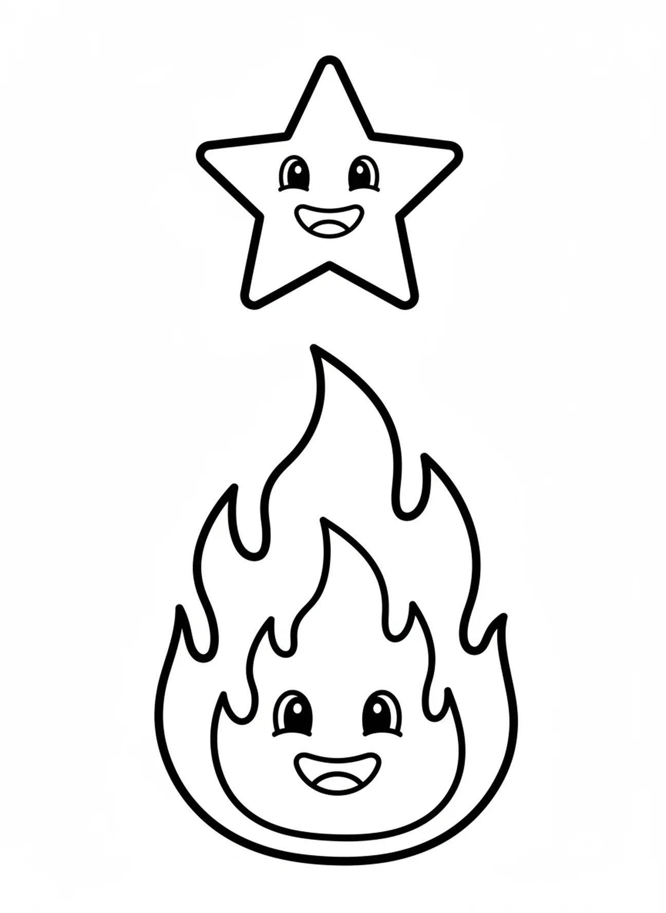 Pilar de fogo brilhante sob uma estrela sorridente, página de colorir Pilar de Fogo para crianças de 3 a 5 anos.