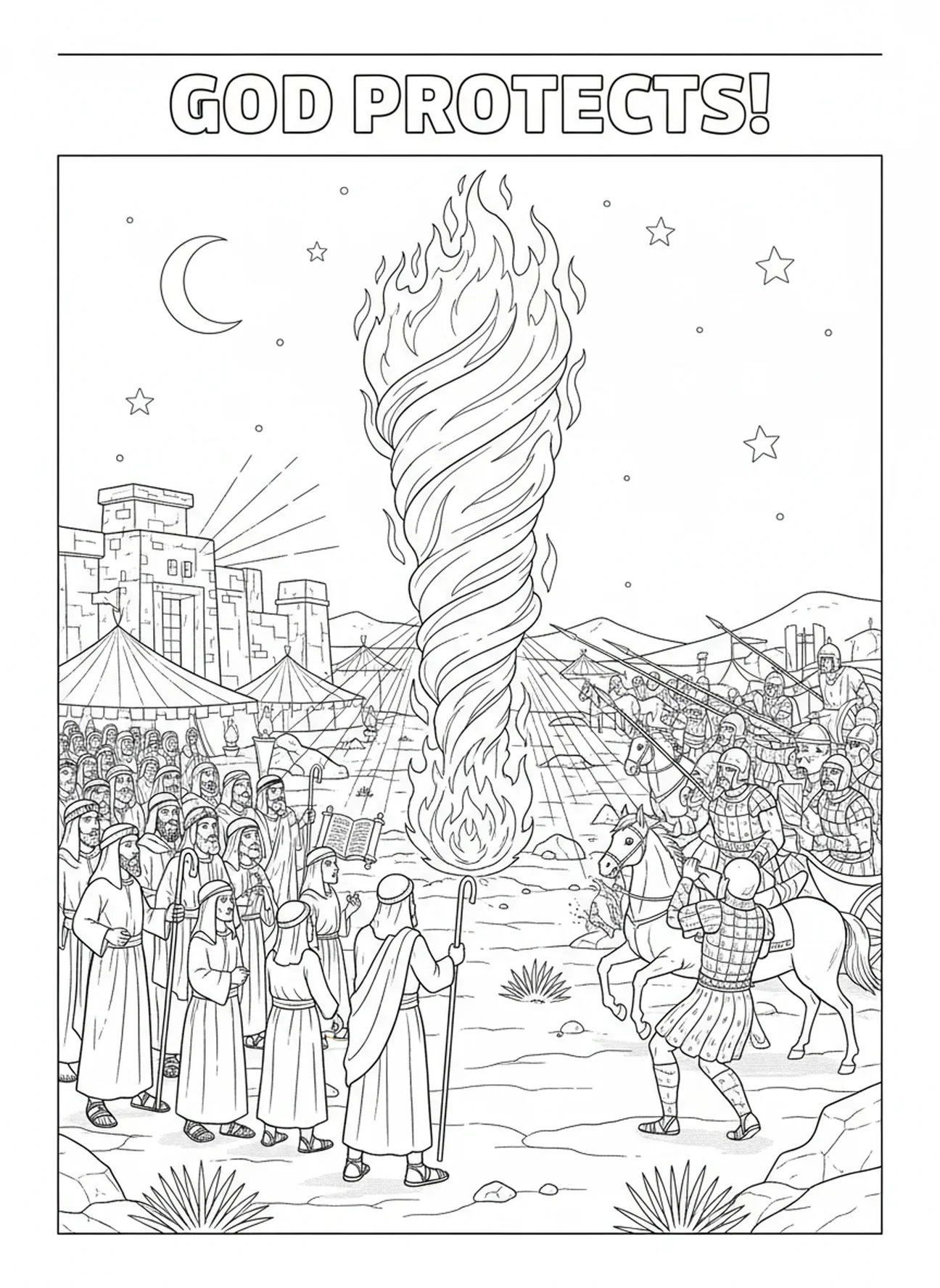 Pilar de fuego como barrera, página para colorear del Pilar de Fuego para niños de Escuela Dominical de 5 a 12 años
