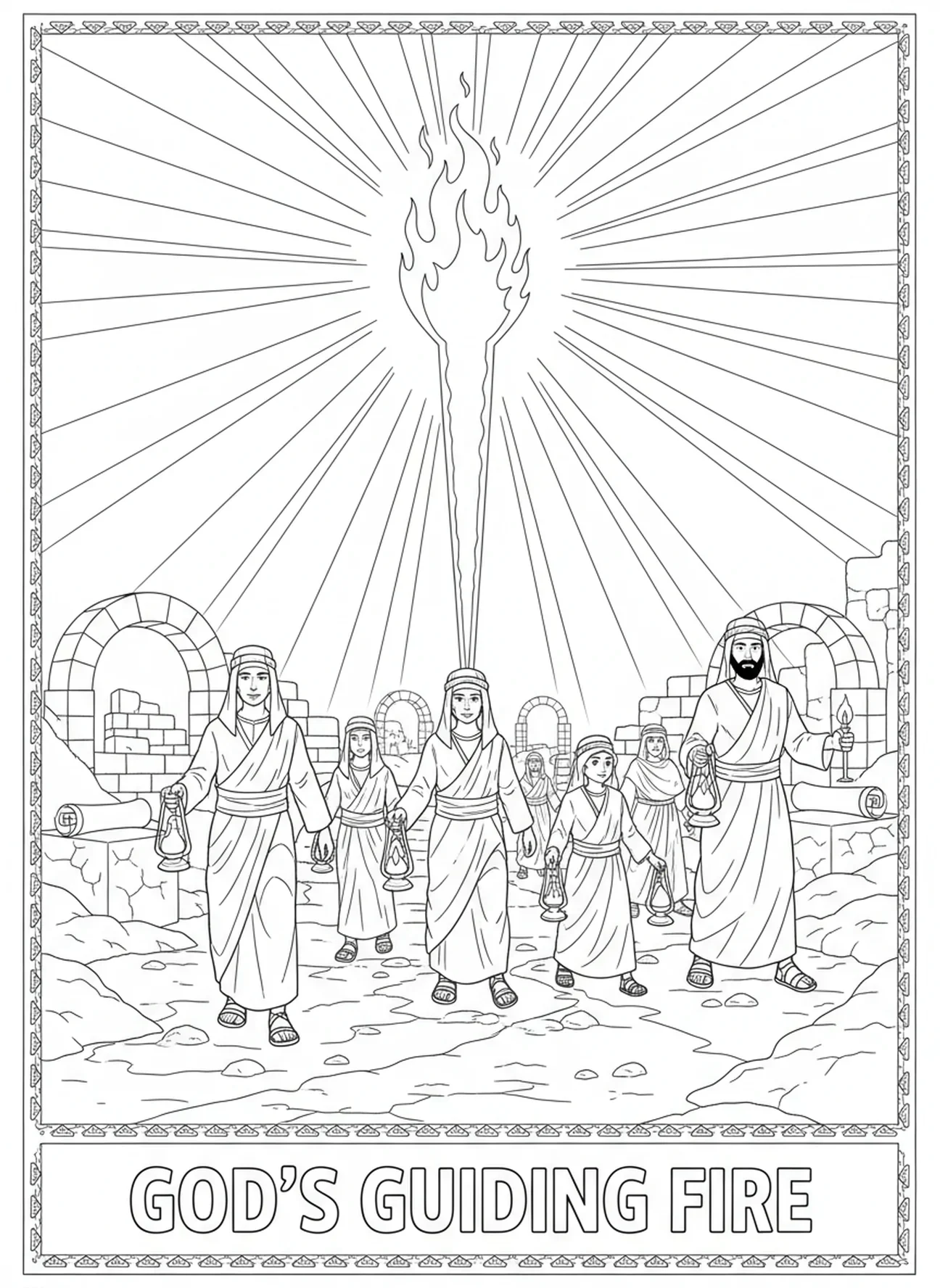 Israelitas caminando, página para colorear del Pilar de Fuego para niños de Escuela Dominical de 5 a 12 años