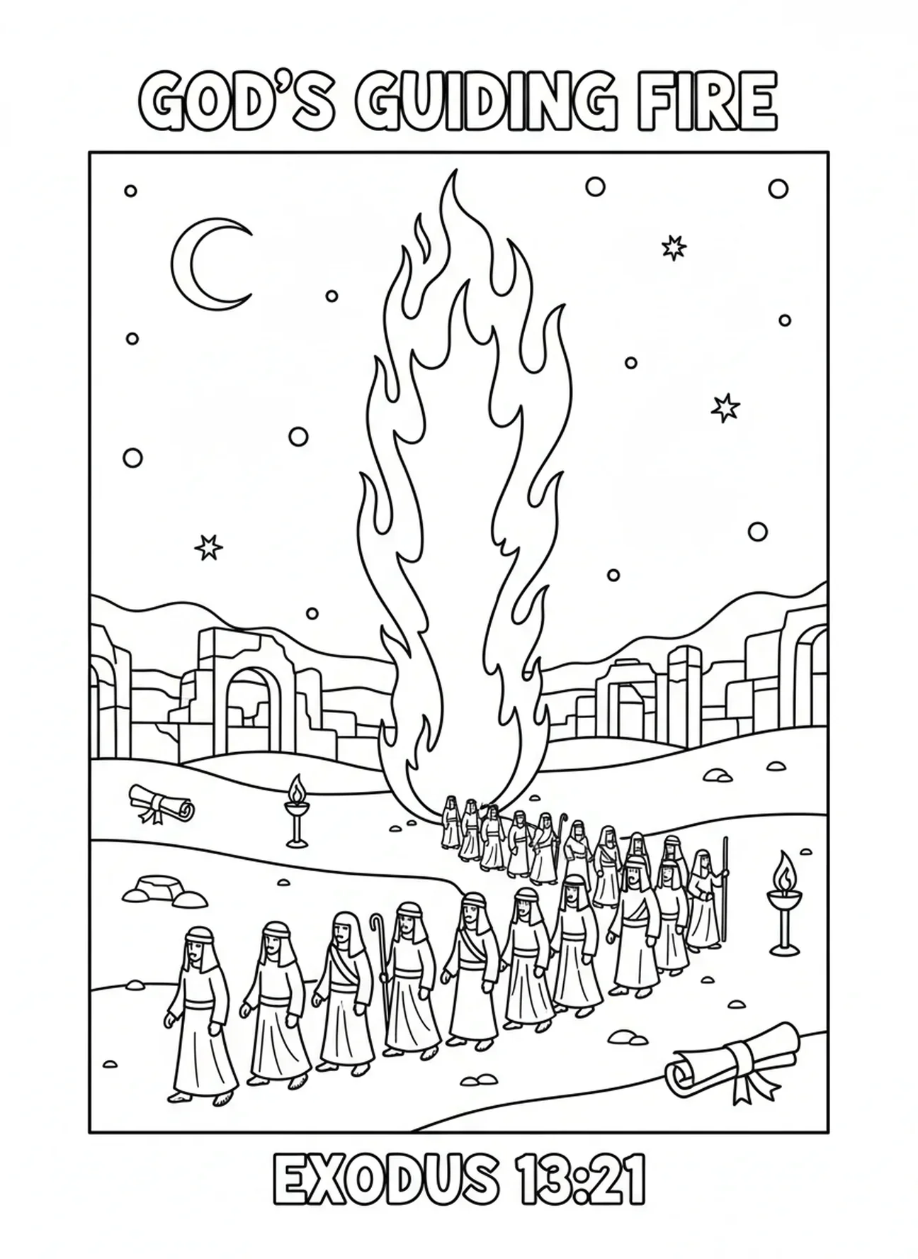 Pilar de fuego, página para colorear Pilar de Fuego para niños de la Escuela Dominical de 5 a 12 años