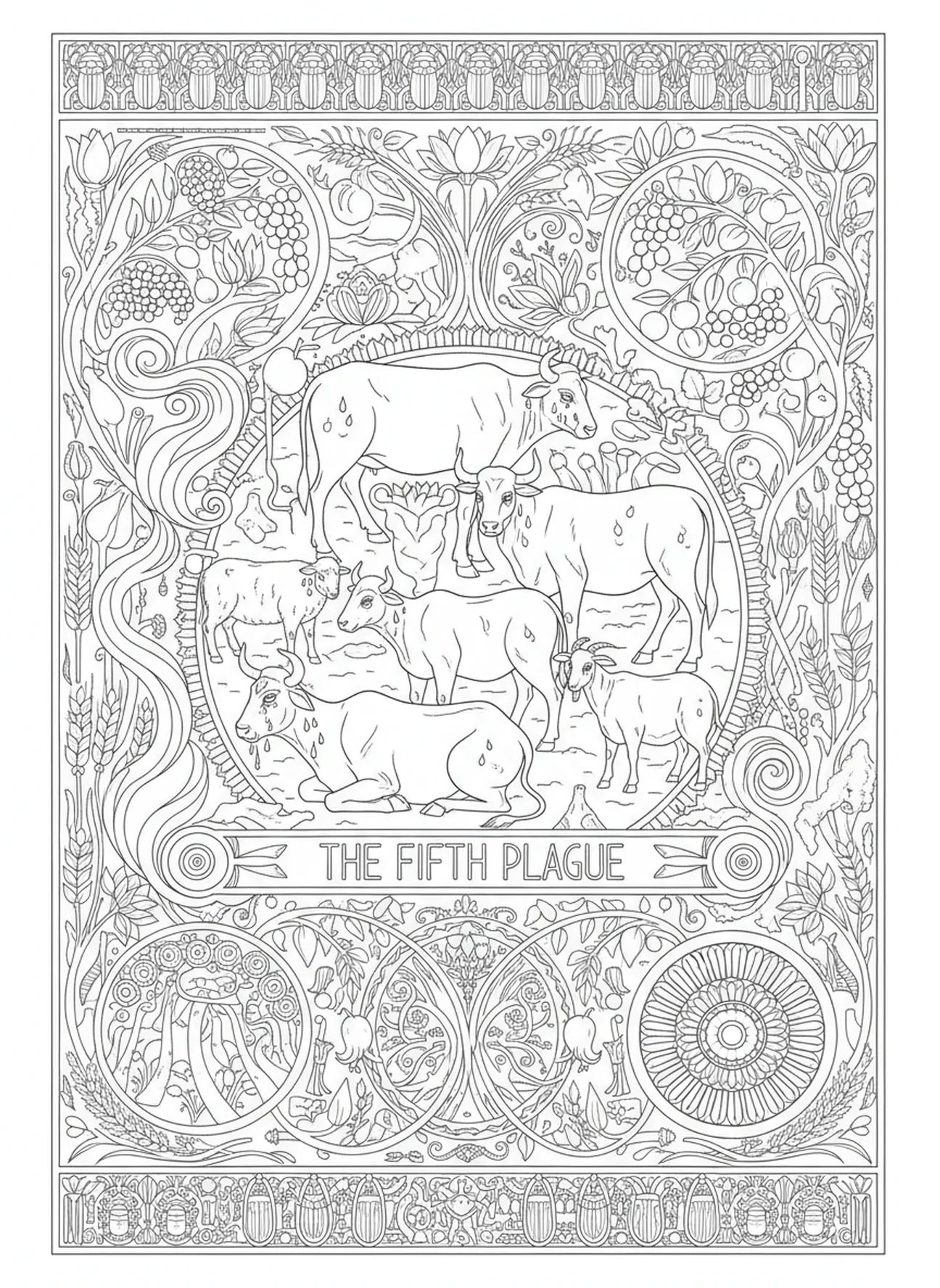 Ägyptische Nutztiere in Not, Plage Blutiger Nil Ausmalbild für Erwachsene im Bibel-Journaling-Stil.