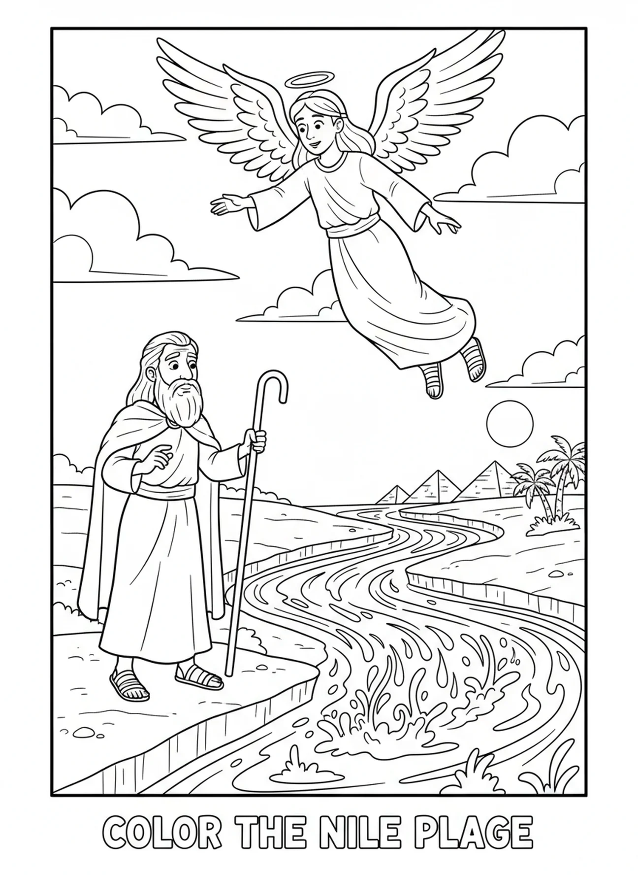 Hemelse figuur boven de Nijl, Kleurplaat Plaag Bloed Nijl voor kinderen van 5-10 jaar