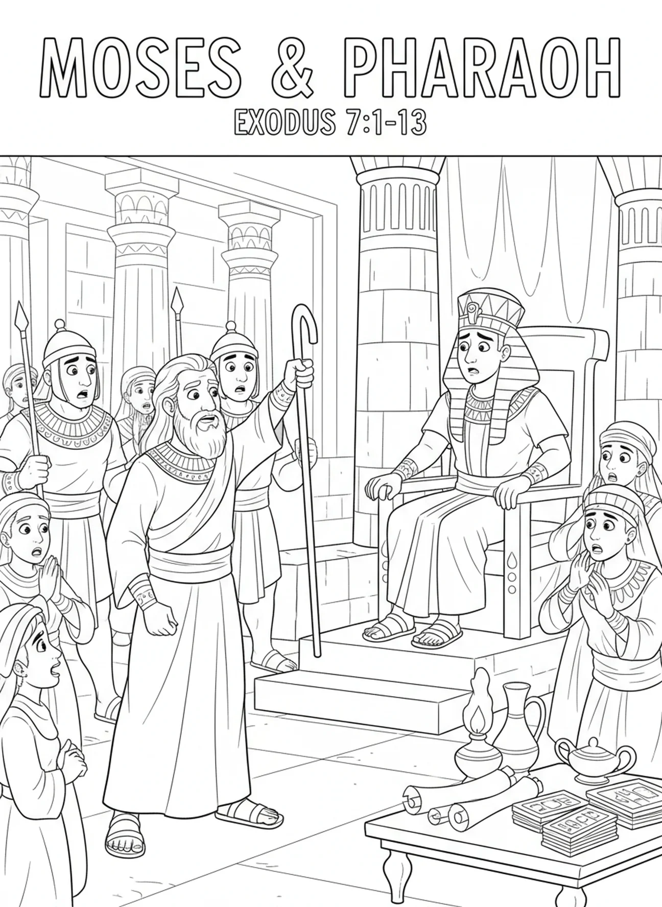 Moïse plaidant auprès de Pharaon, page à colorier de la Plaie du Sang dans le Nil pour les enfants de l'École du dimanche âgés de 5 à 12 ans.