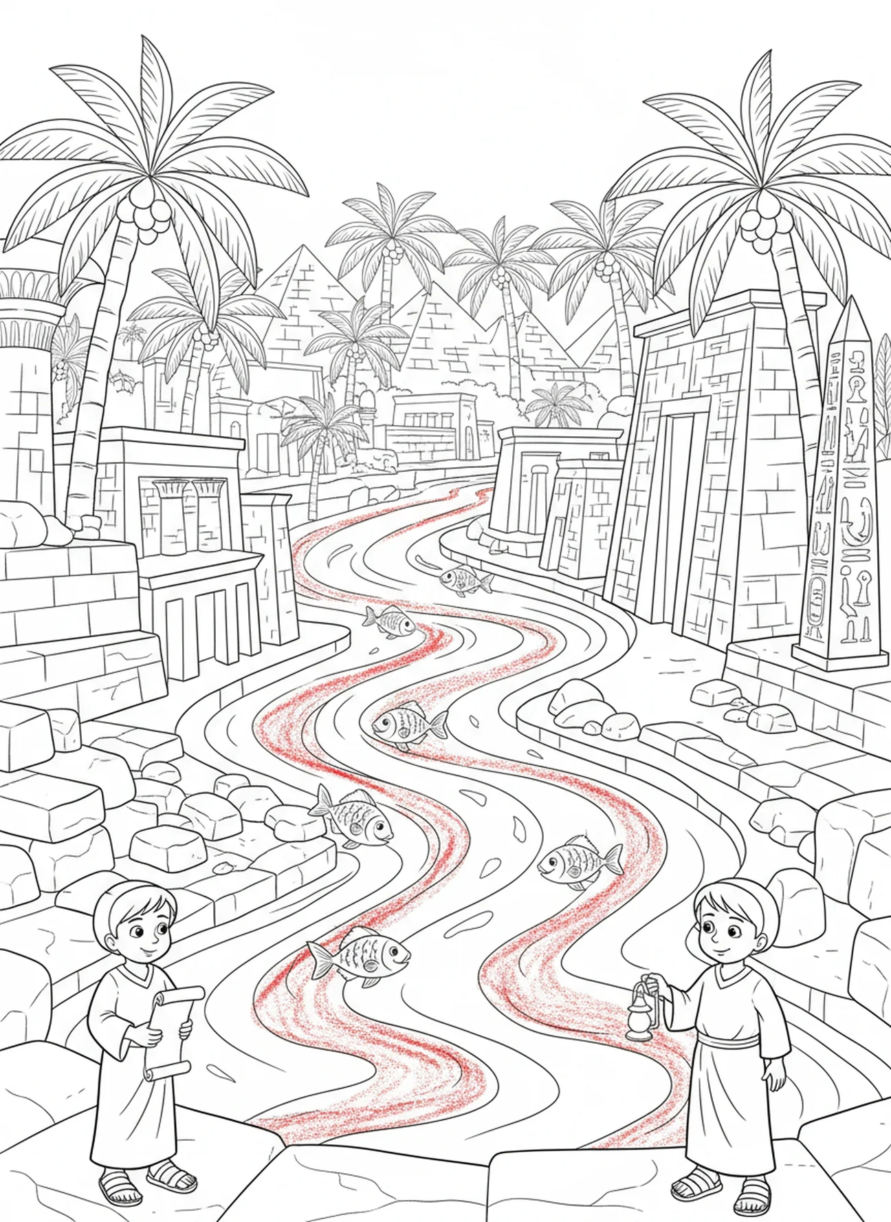 Eau rouge du Nil, page à colorier de la Plaie du Sang pour les enfants de l'École du dimanche âgés de 5 à 12 ans.