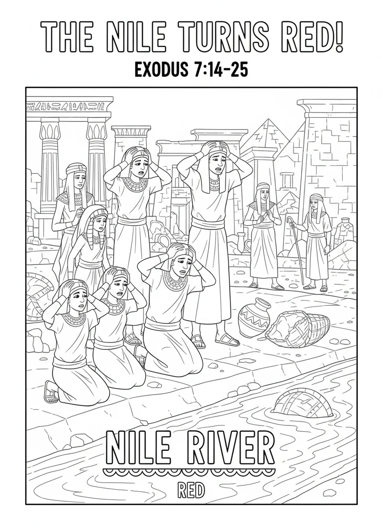 Peuple égyptien dans le désespoir, page à colorier sur la Plaie du Sang dans le Nil pour les enfants de l'École du dimanche âgés de 5 à 12 ans.