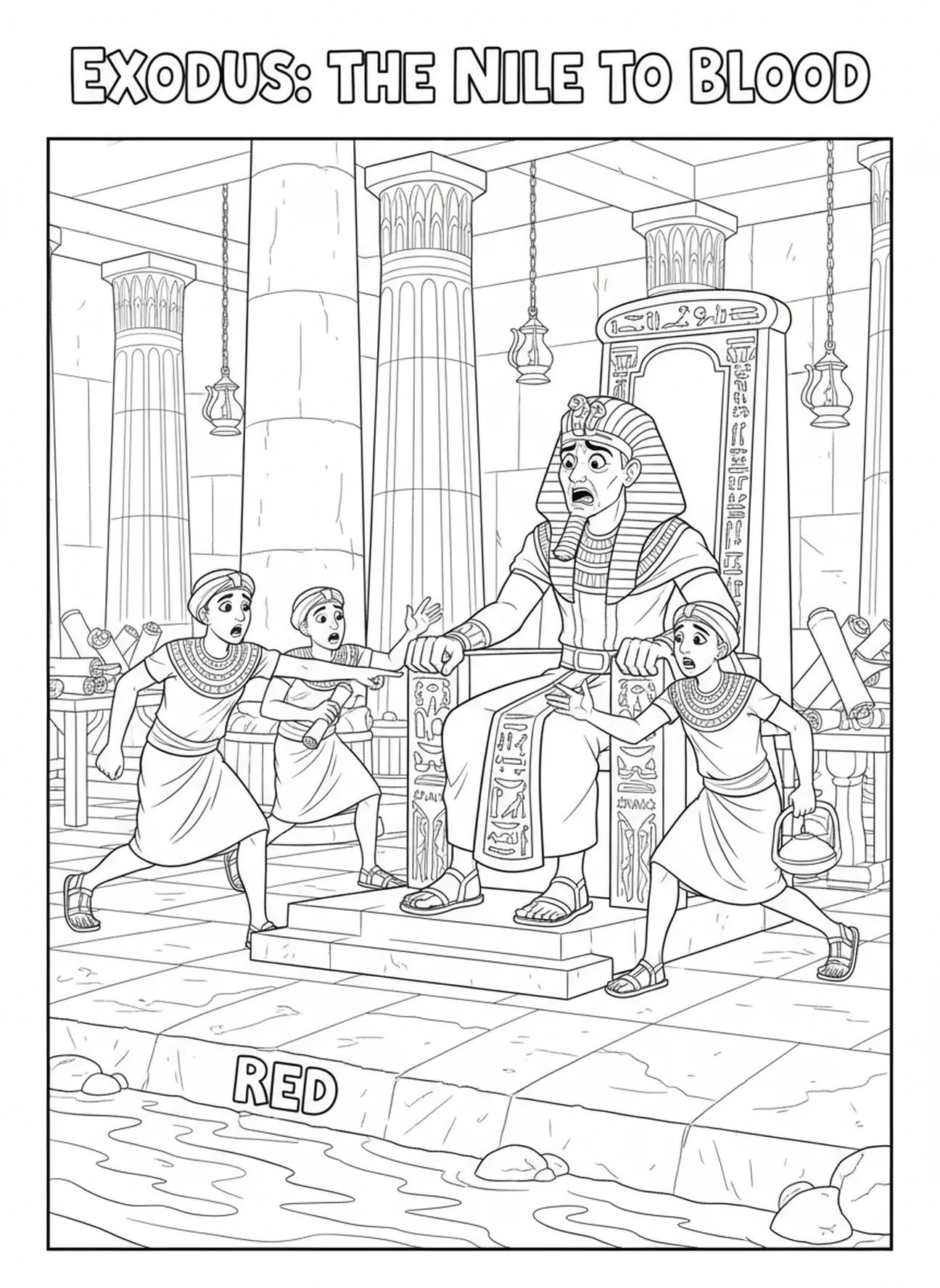 Pharaon sur son trône, page à colorier de la Plaie du Sang dans le Nil pour les enfants de l'École du dimanche âgés de 5 à 12 ans.