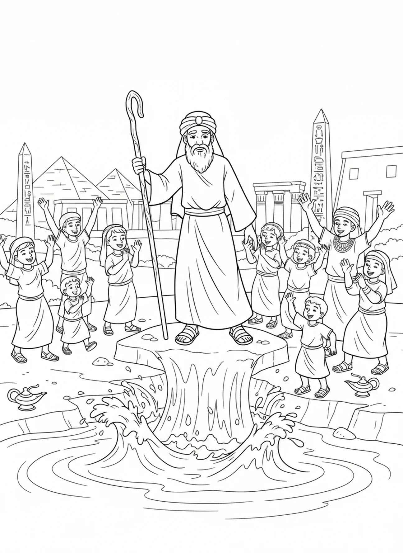 Moïse levant son bâton, page à colorier sur la Plaie du Sang dans le Nil pour les enfants de l'École du dimanche âgés de 5 à 12 ans.