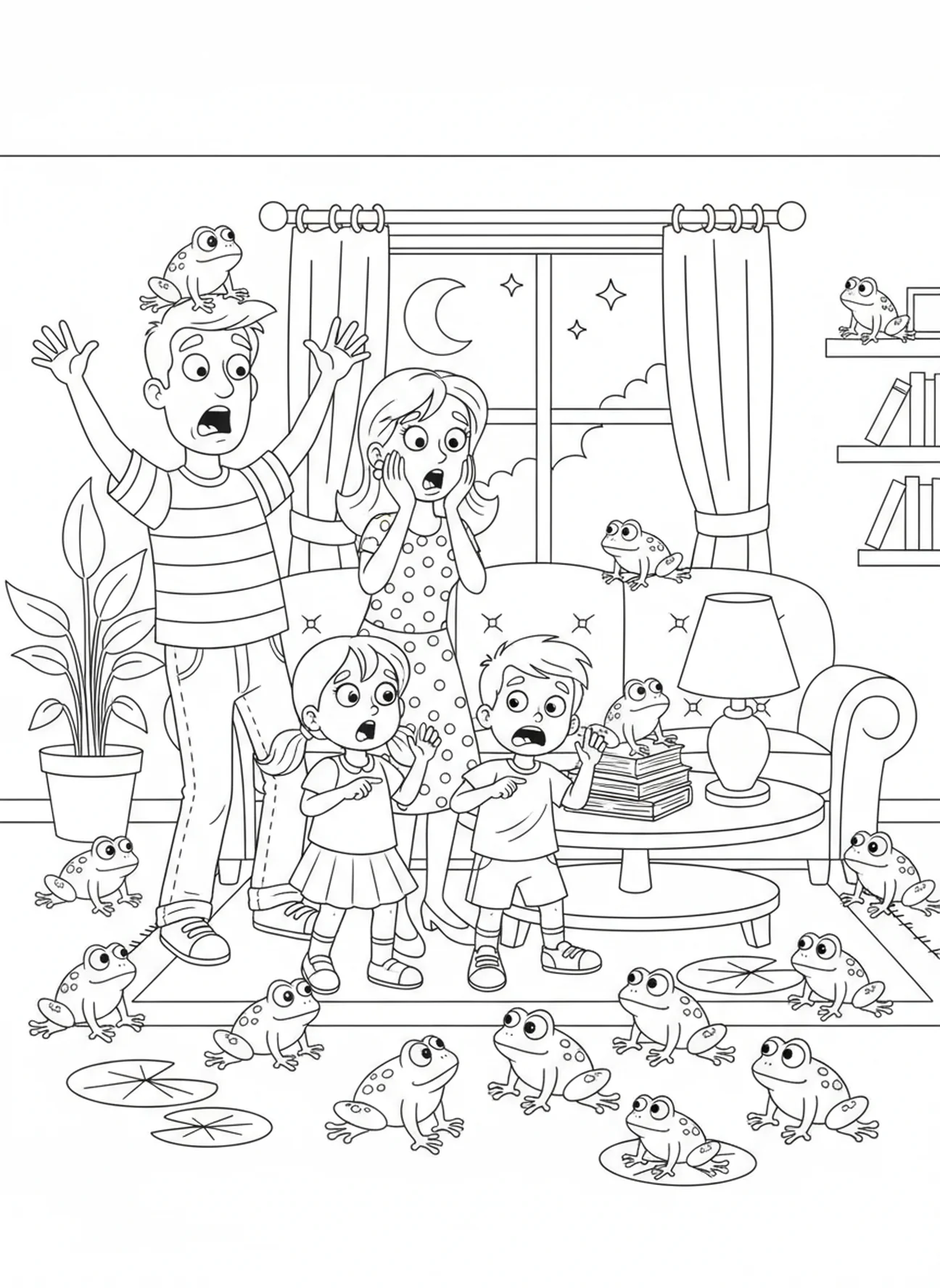 Família em cartoon chocada com rãs, página de colorir sobre a Praga das Rãs no Egito para crianças de 5 a 10 anos