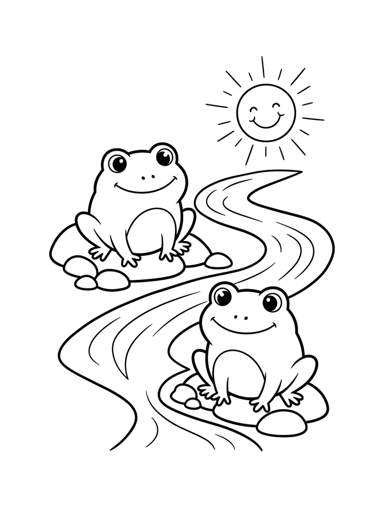 Ranas junto al río, página para colorear de la Plaga de Ranas en Egipto para niños de 3 a 5 años.
