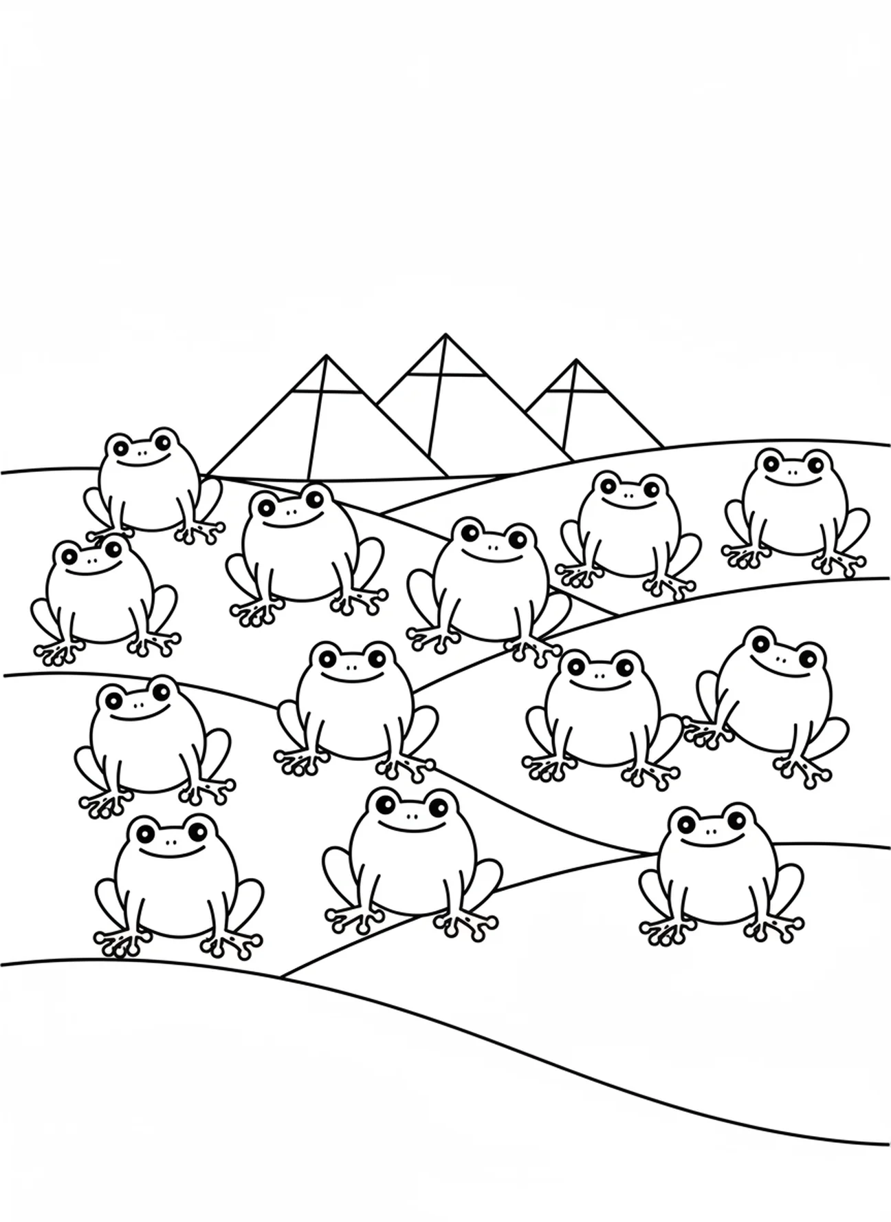 Grupo de ranas de dibujos animados, página para colorear de las Ranas de la Plaga en Egipto para niños en edad preescolar de 3 a 5 años.