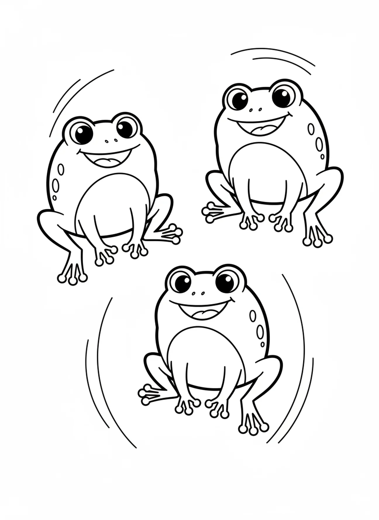 Tres ranas caricaturescas y alegres, página para colorear de las Ranas de la Plaga en Egipto para niños de 3 a 5 años.