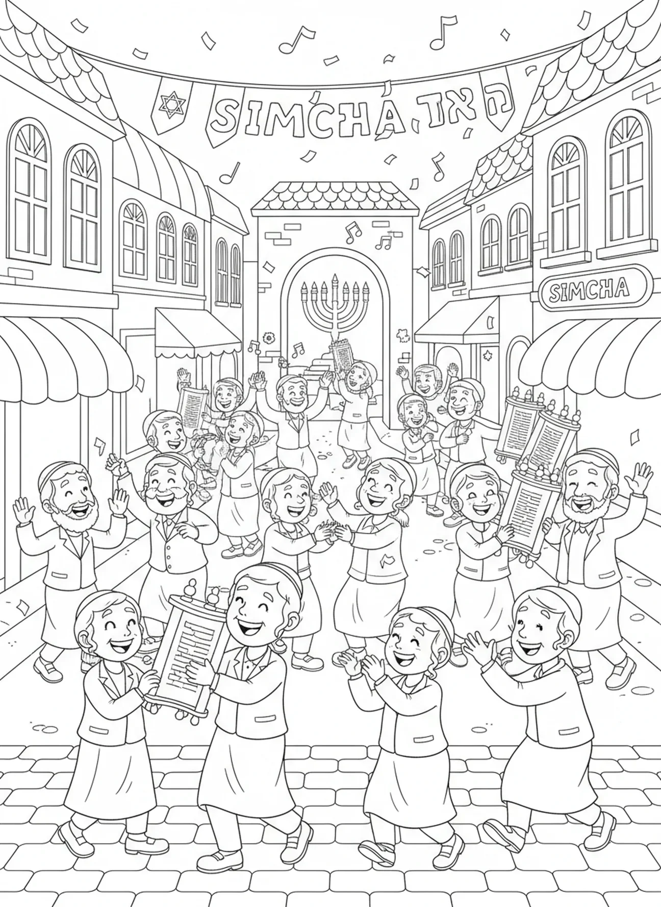 Jüdische Menschen feiern auf den Straßen, Purim Ausmalbild für Kinder im Alter von 5-10 Jahren