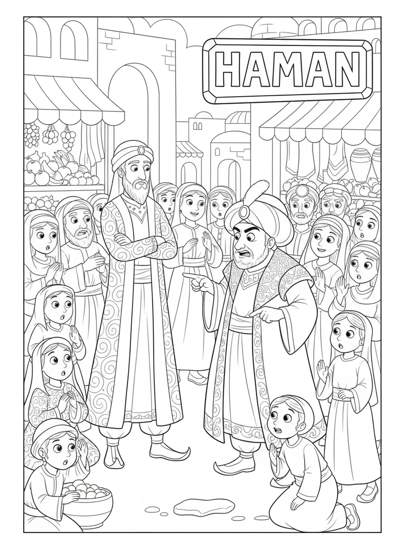 Mordechai steht fest gegen Haman, Purim Ausmalbild für Kinder im Alter von 5-10 Jahren