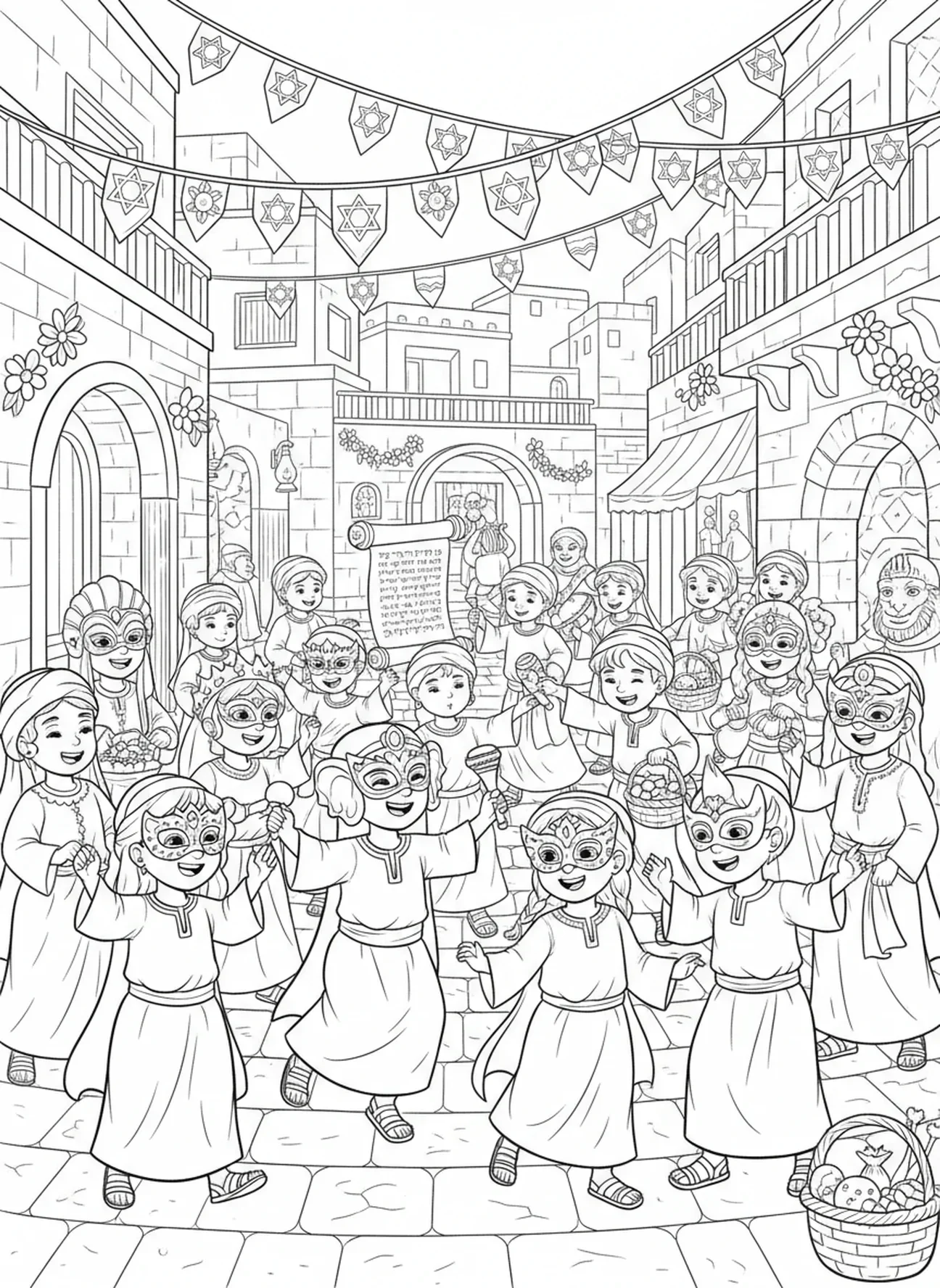 Kinder feiern Purim, Ausmalbild für die Sonntagsschule für Kinder im Alter von 5-12 Jahren