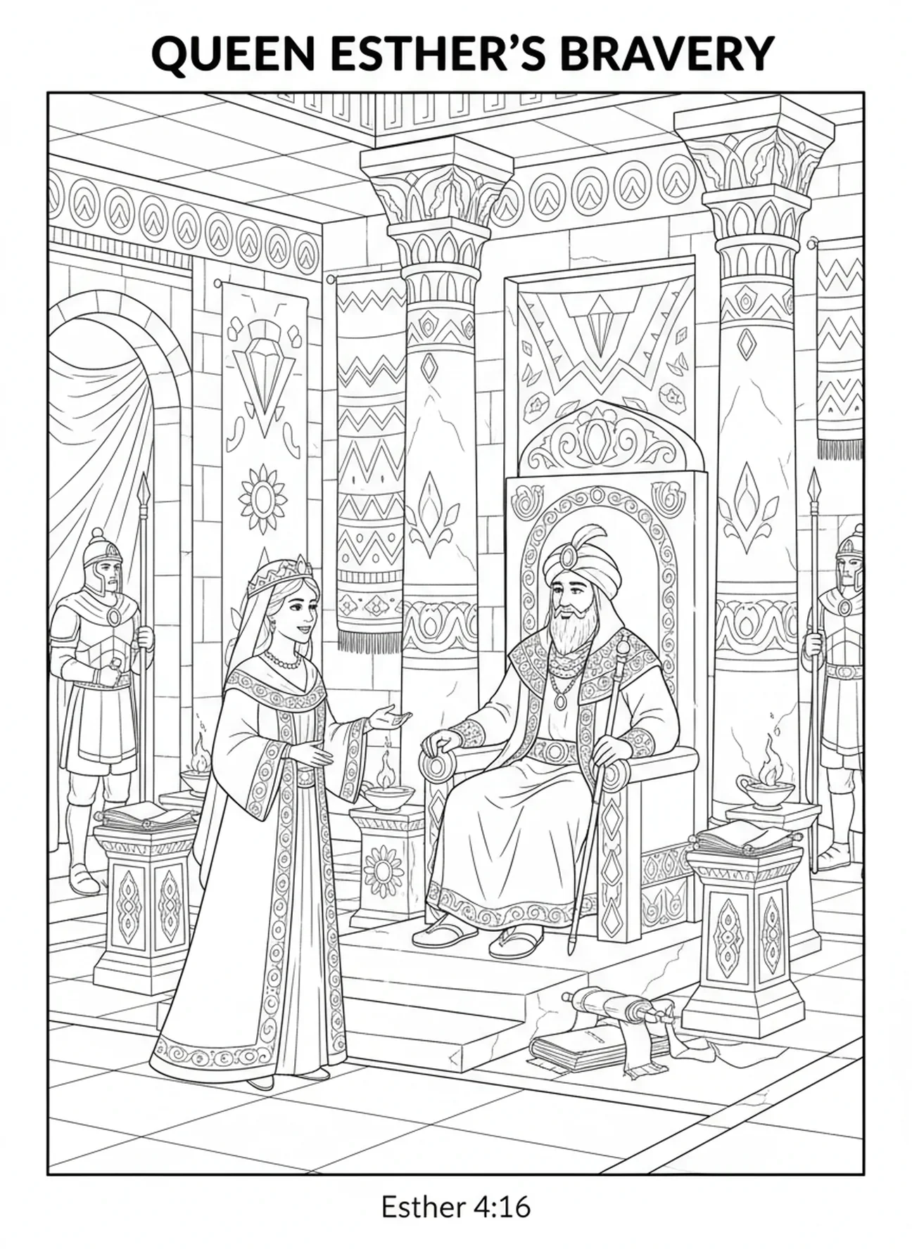 Esther, die beim König plädiert, Purim Ausmalbild für Sonntagsschulkinder im Alter von 5-12 Jahren