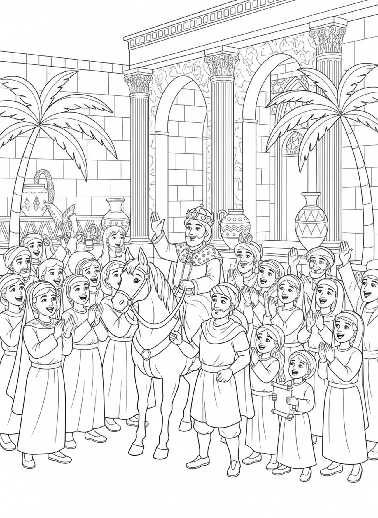Mordechai wird geehrt, Purim Ausmalbild für Sonntagsschulkinder im Alter von 5-12 Jahren