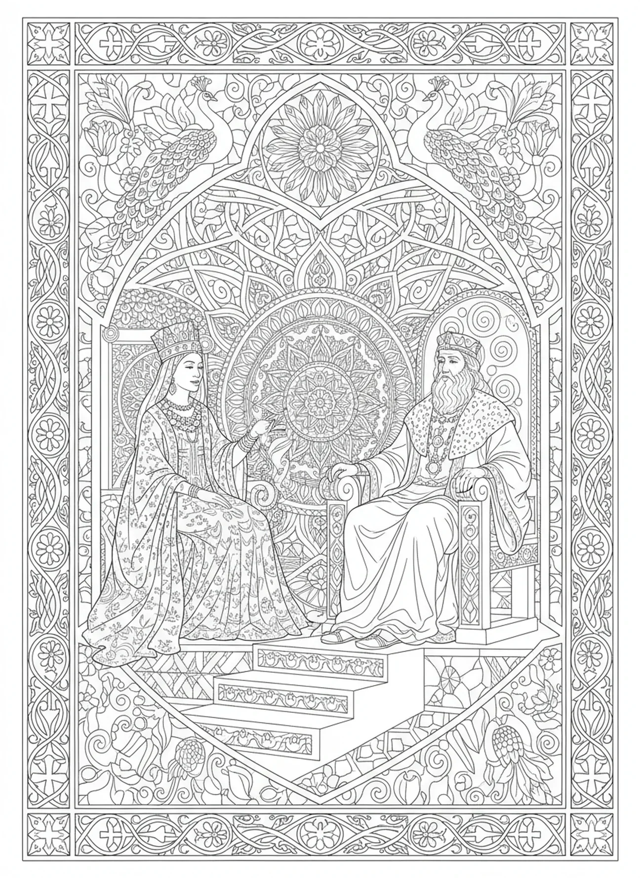 Reina conversando con el Rey Salomón, página para colorear de la Reina de Saba en estilo de journaling bíblico para adultos.