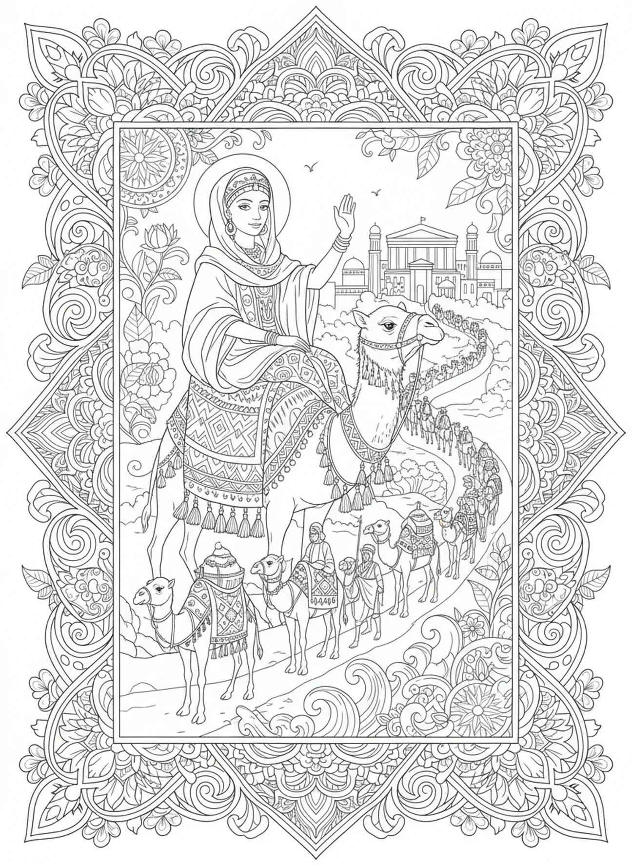 La Reina de Saba saliendo de Jerusalén, página para colorear de la Reina de Saba para adultos en estilo de journaling bíblico.
