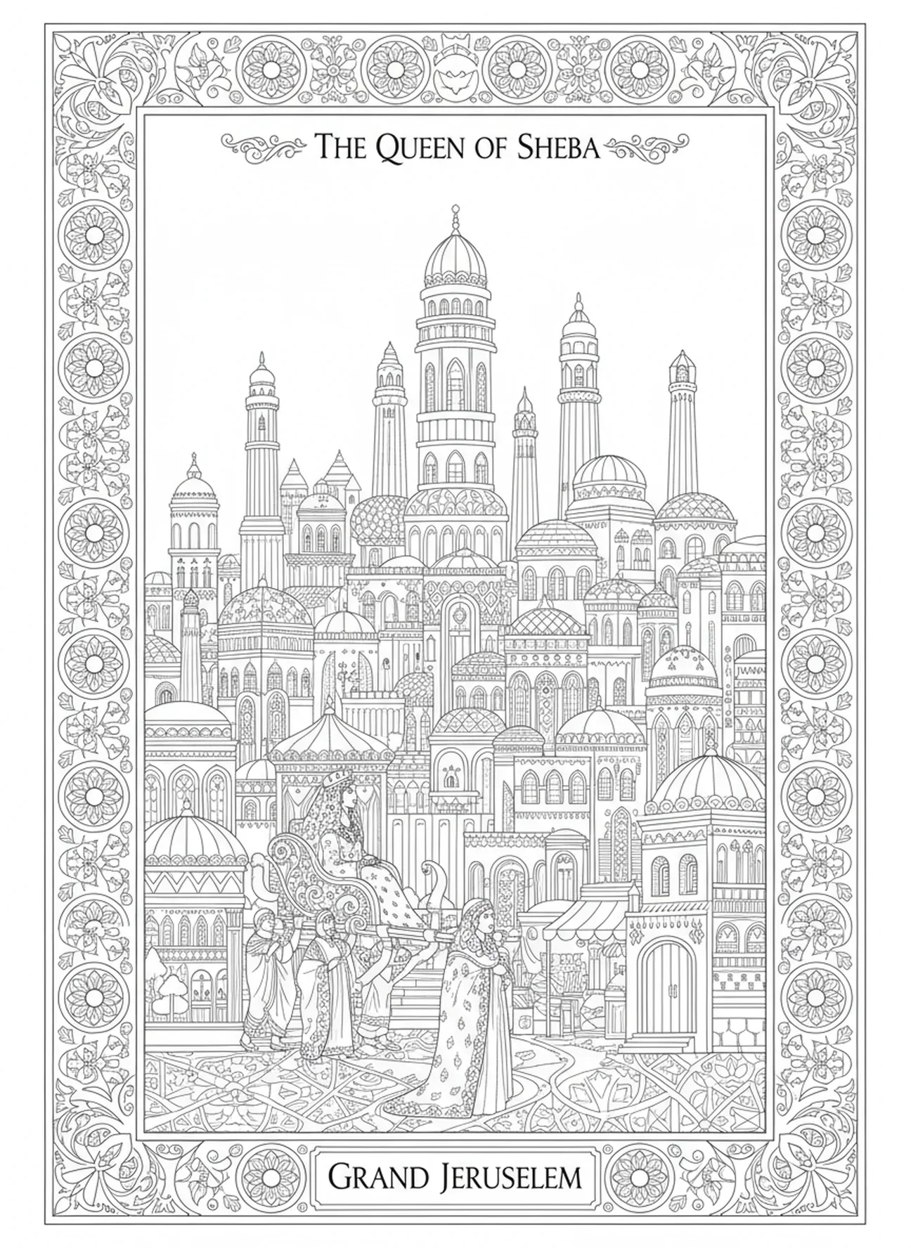 La Reina de Saba recorriendo la grandeza de Jerusalén, página para colorear para adultos en estilo de journaling bíblico.