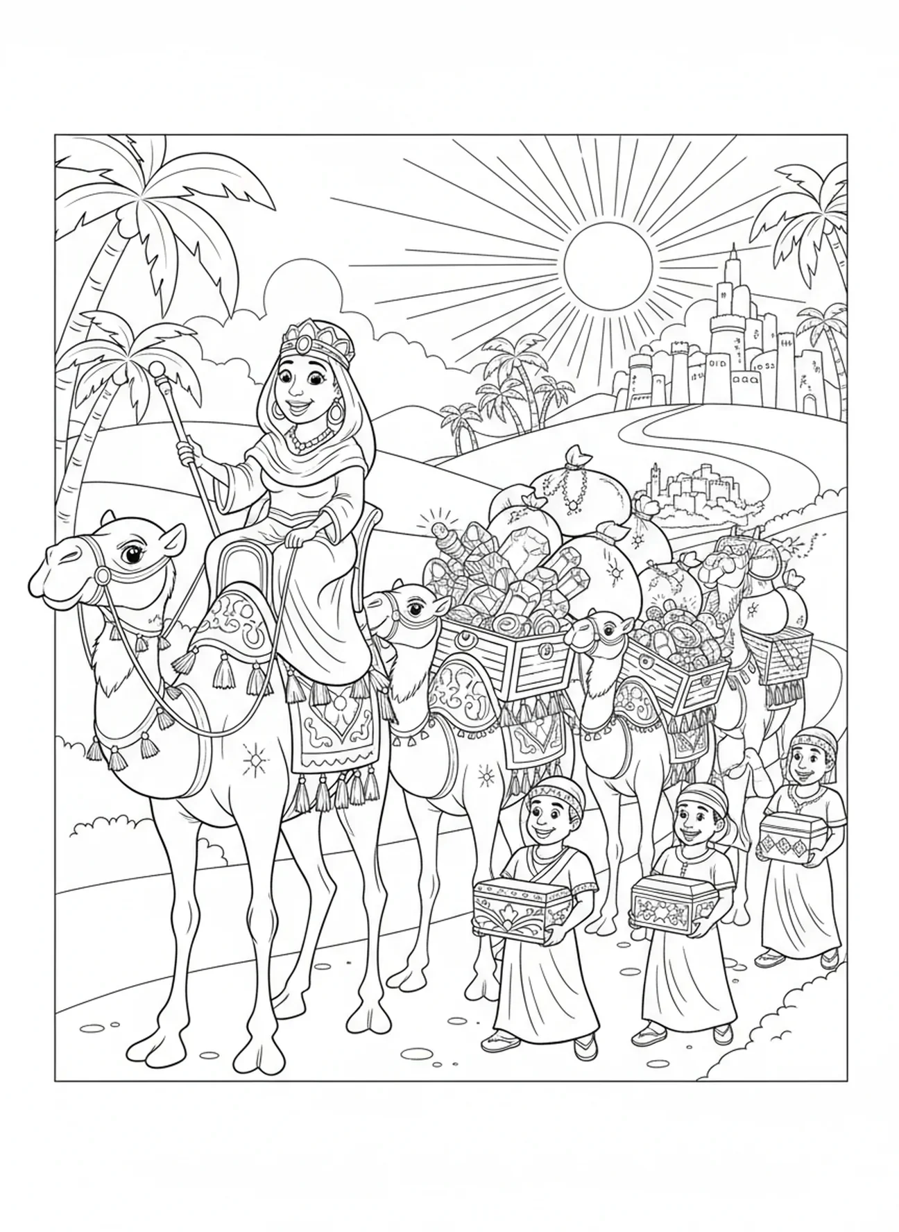 Königin auf dem Heimweg, Ausmalbild der Königin von Saba für Kinder im Alter von 5-10 Jahren