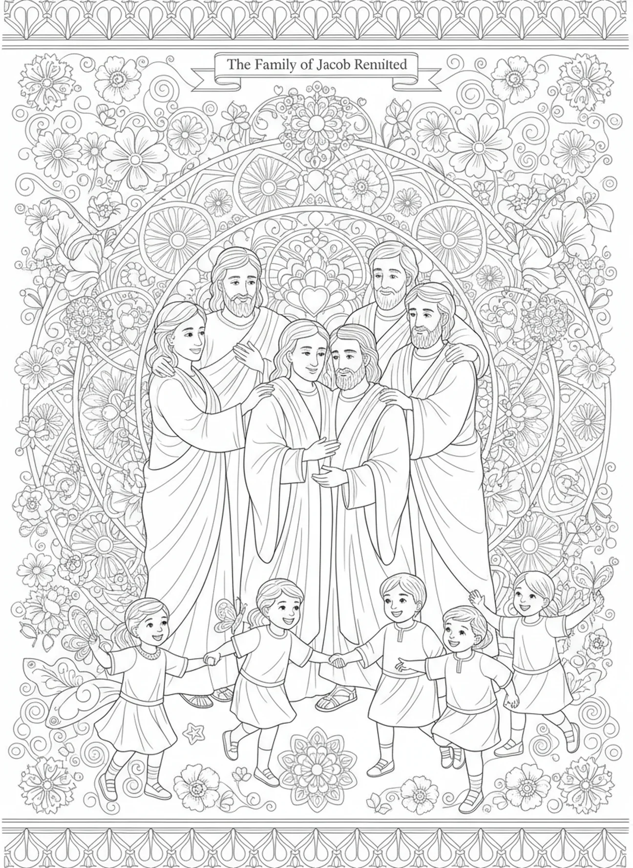 Scène de réunion familiale, page à colorier Rachel et Léa pour adultes dans un style de journal biblique