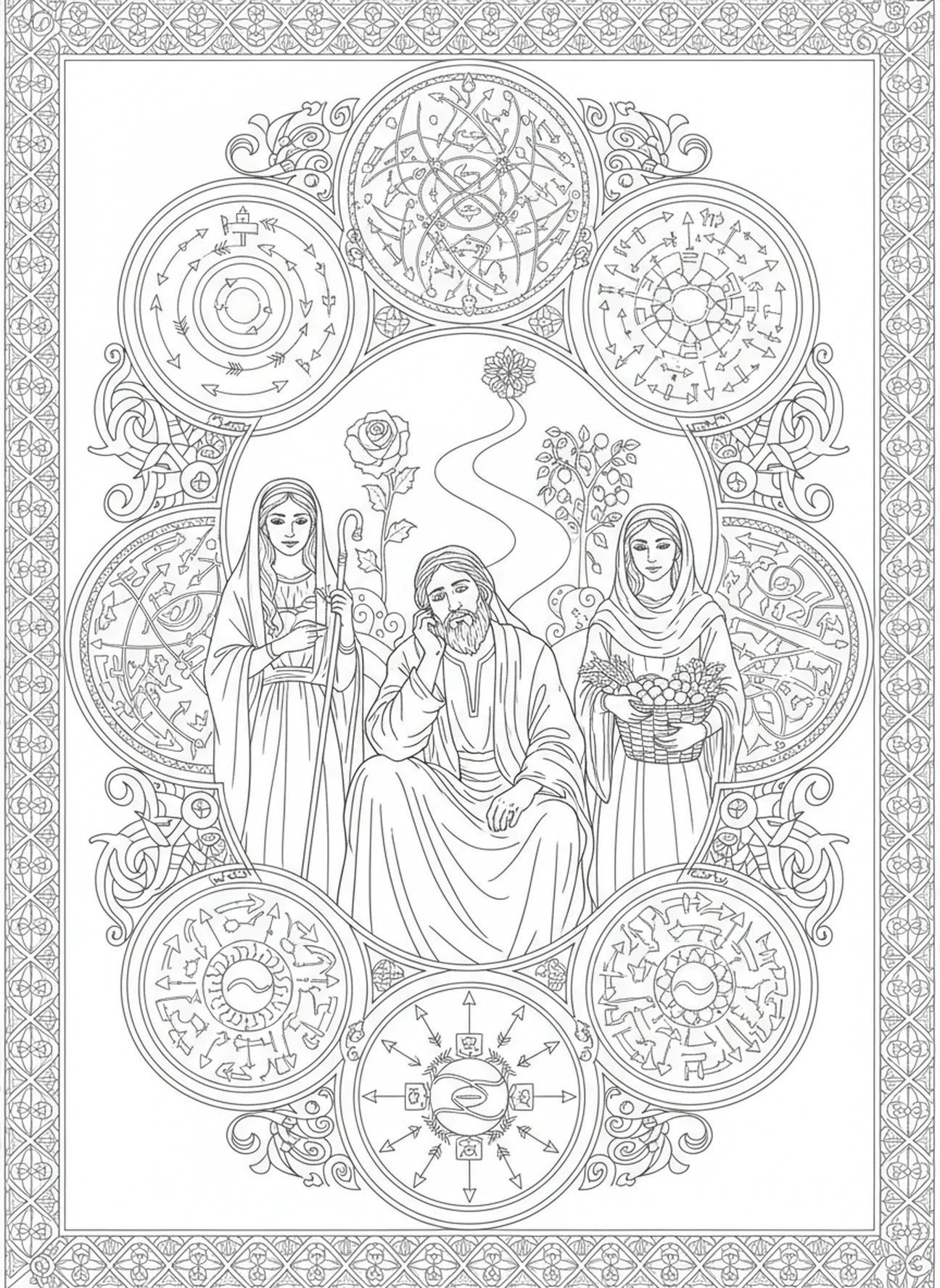 Homme choisissant entre deux femmes, page à colorier Rachel et Léa pour adultes dans un style de journal biblique