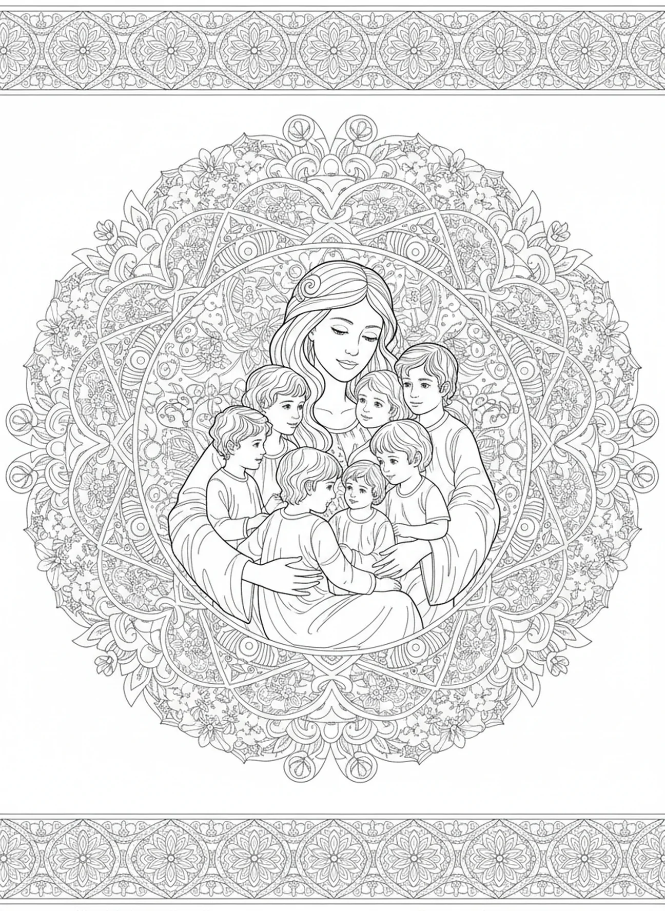 Mère et enfants, page à colorier Rachel et Léa pour le journal biblique style adulte