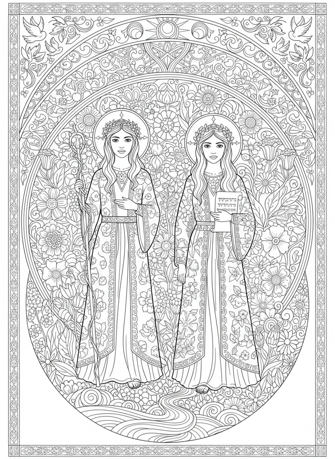 Sœurs dans un jardin, page à colorier Rachel et Léa pour adultes dans un style de journal biblique
