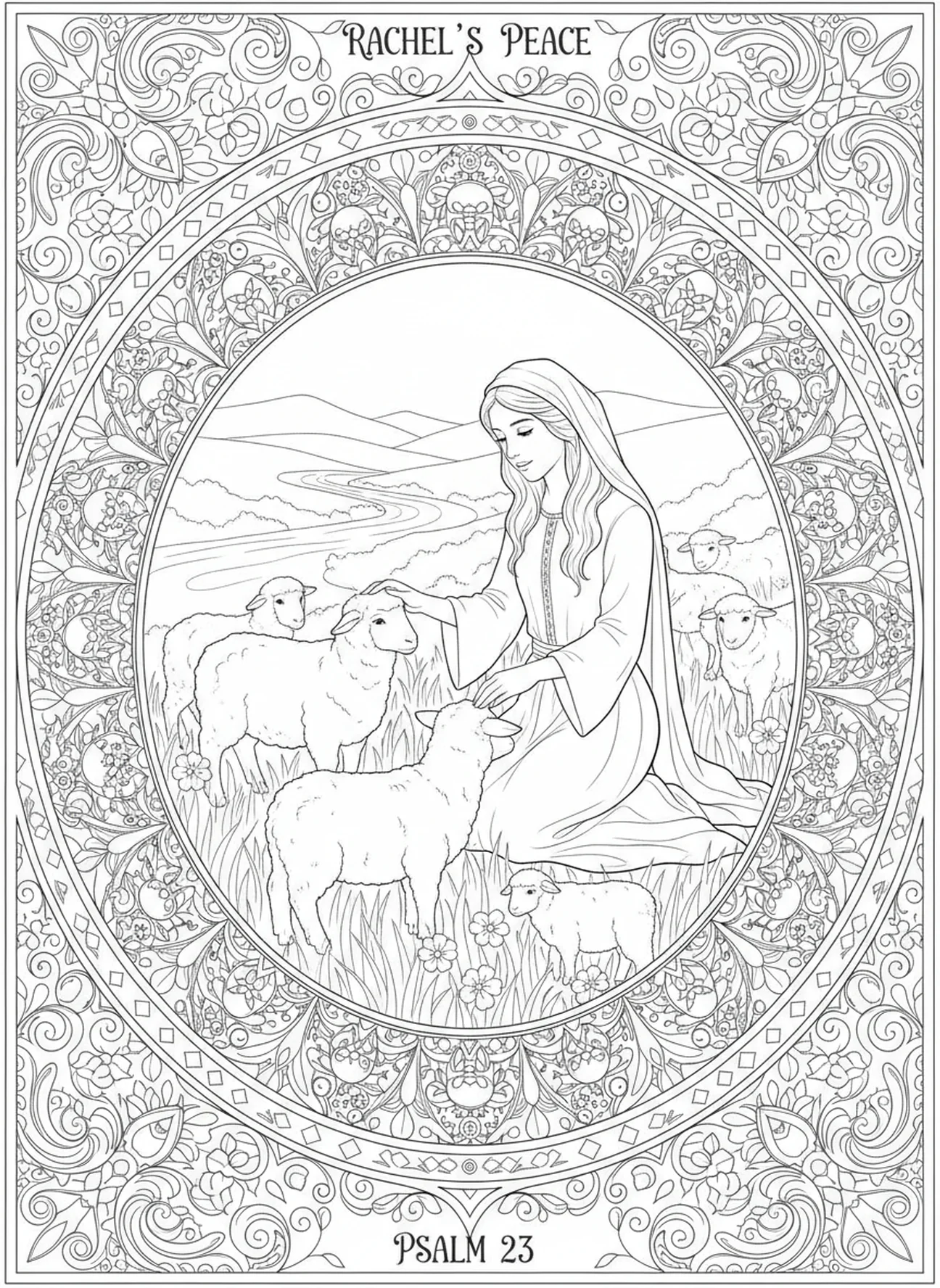 Bergère avec son troupeau, page à colorier Rachel et Léa pour le journaling biblique pour adultes