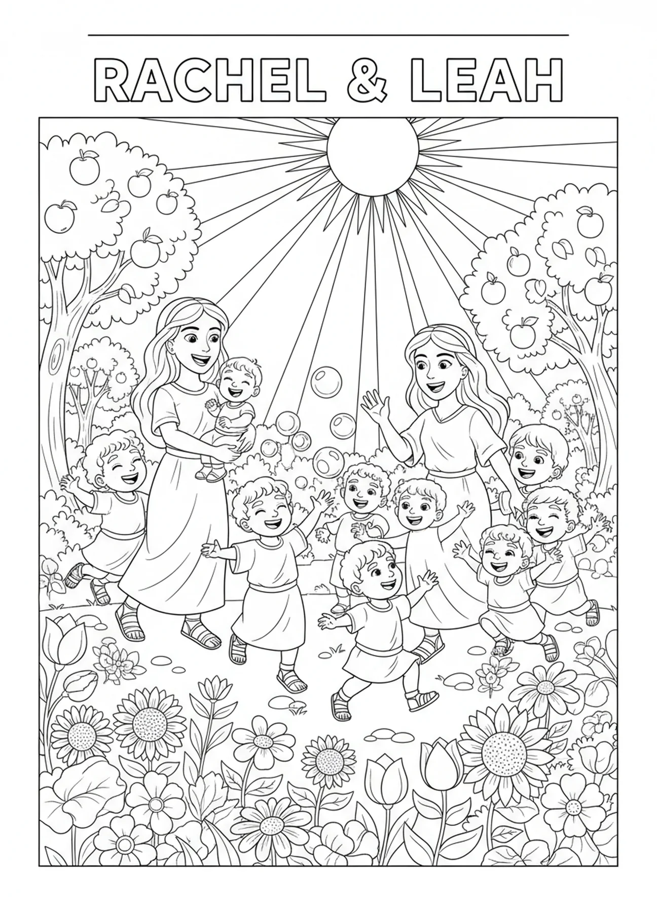 Irmãs brincando com crianças, página para colorir Raquel e Lia para crianças de 5 a 10 anos
