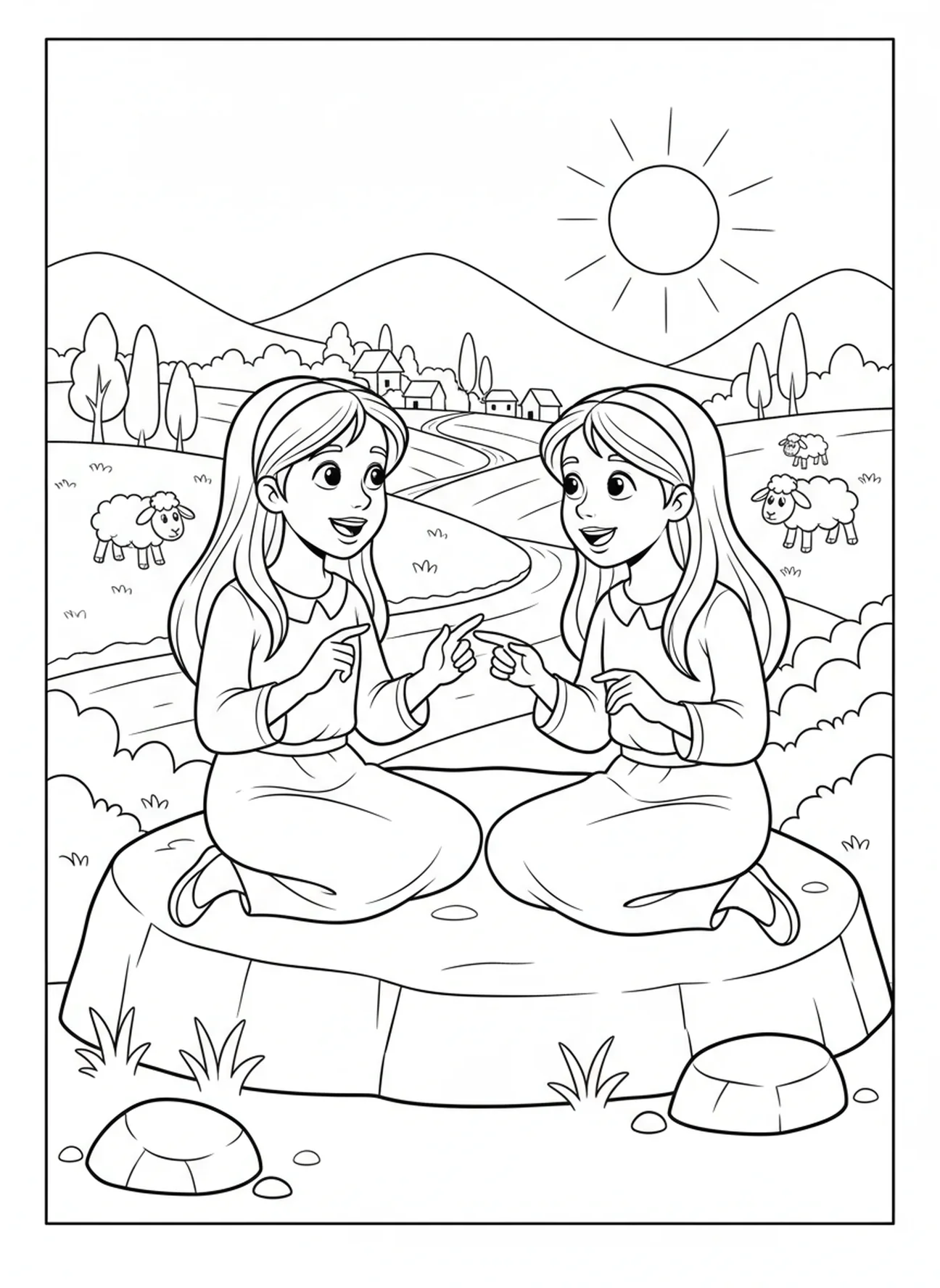 Irmãs compartilhando histórias, página para colorir Raquel e Lia para crianças de 5 a 10 anos