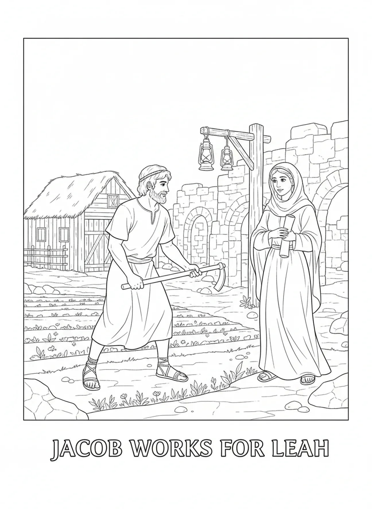 Jacob travaillant dans les champs, page à colorier Rachel et Léa pour les enfants de l'École du dimanche âgés de 5 à 12 ans.