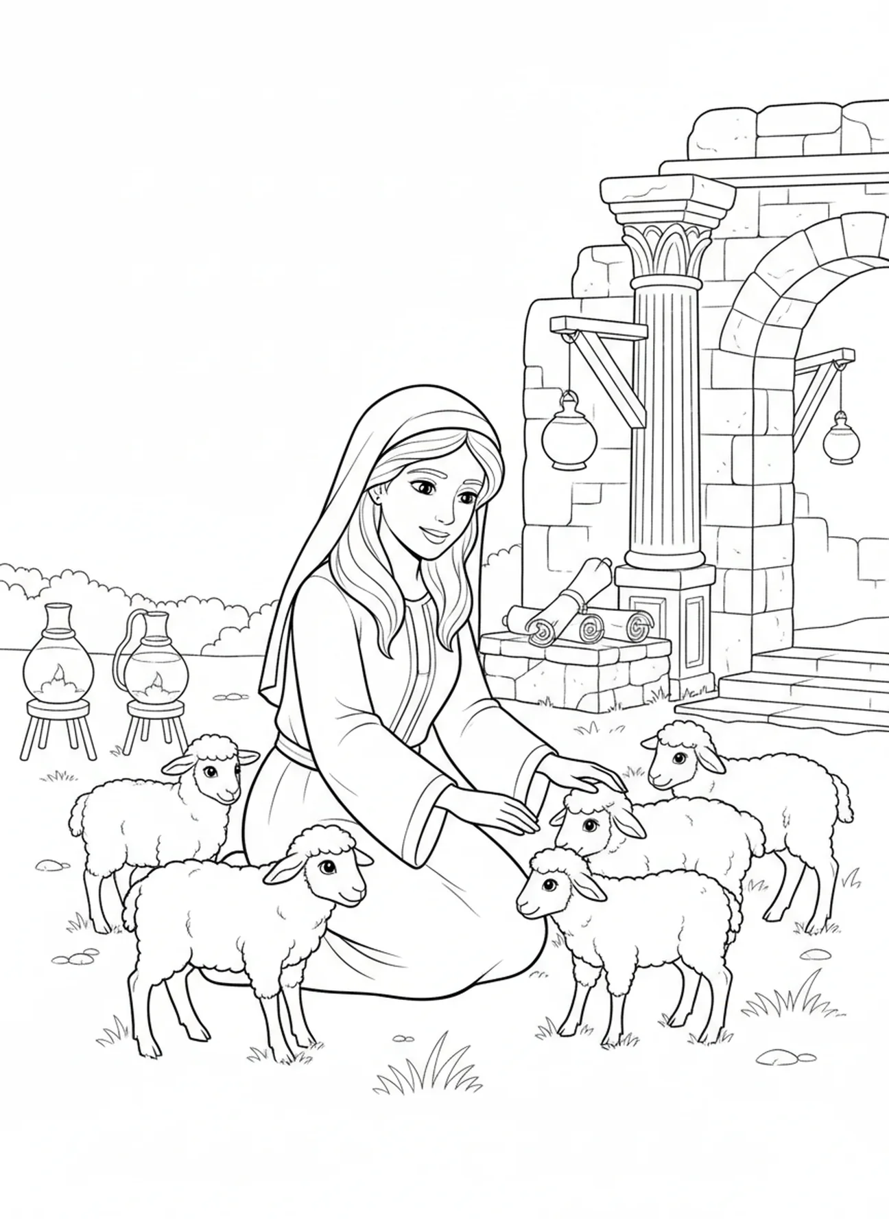 Rachel s'occupant des moutons, page à colorier Rachel et Léa pour les enfants de l'École du dimanche âgés de 5 à 12 ans.