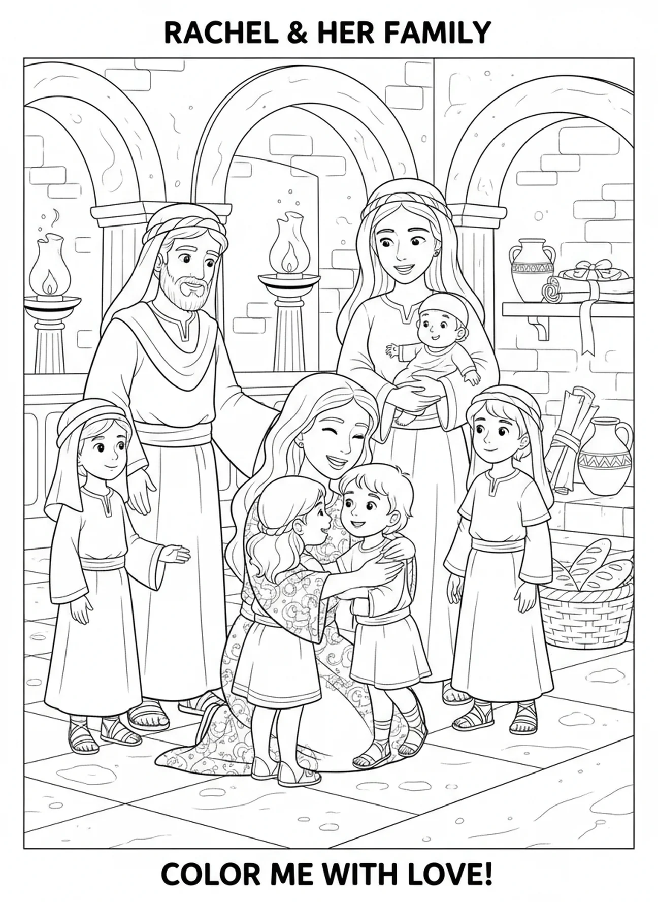Rachel tenant ses enfants, page à colorier Rachel et Léa pour les enfants de l'École du dimanche âgés de 5 à 12 ans.