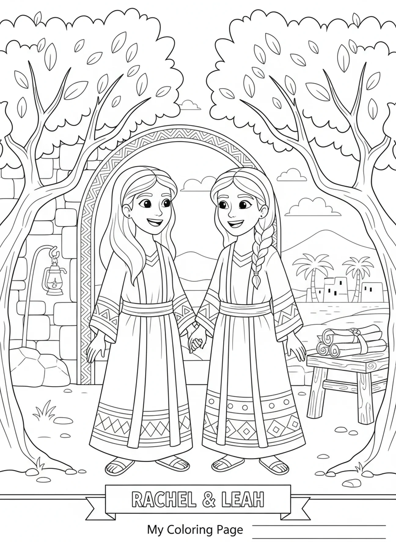 Rachel et Léa partageant un moment, page à colorier Rachel et Léa pour les enfants de l'École du dimanche âgés de 5 à 12 ans.