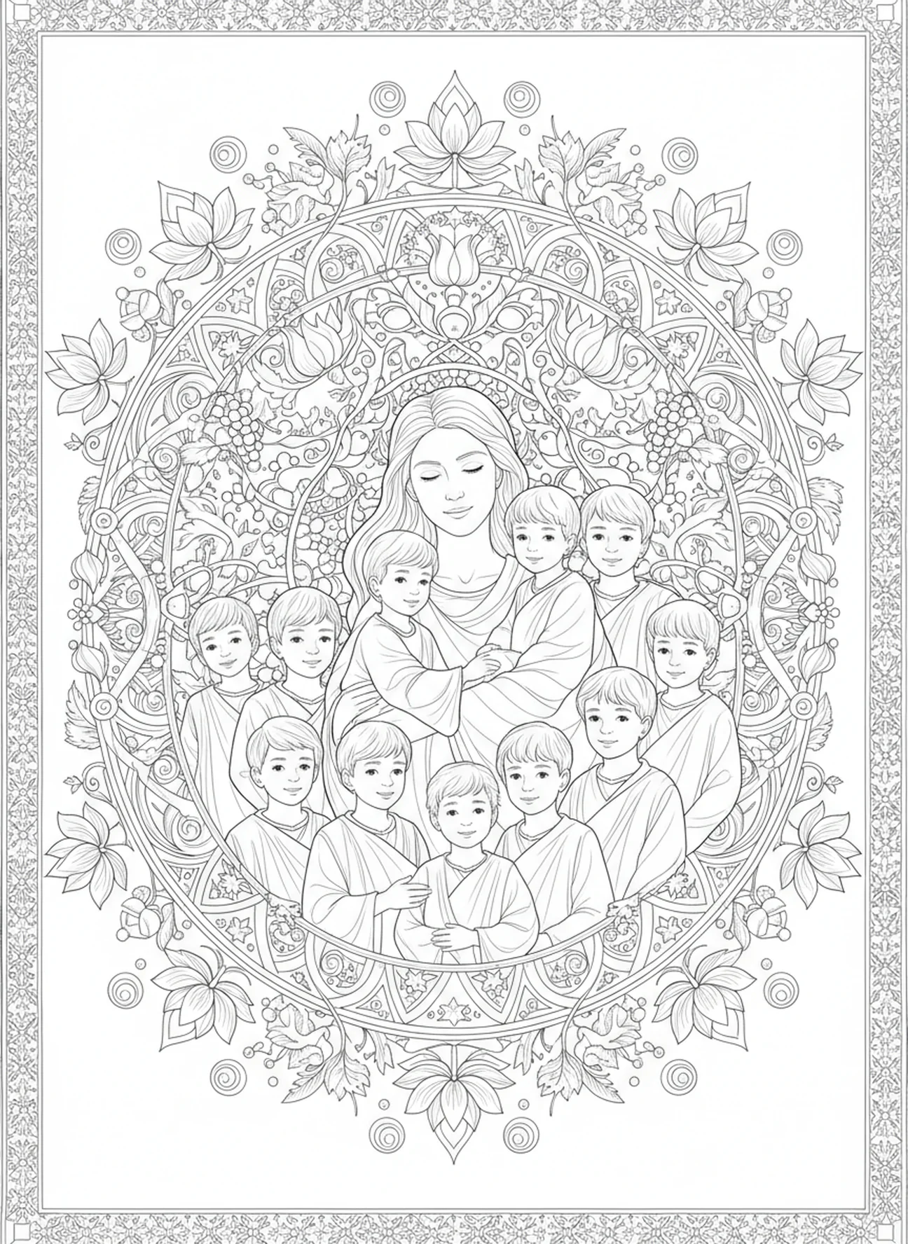 Rachel avec ses enfants, page à colorier biblique pour adultes dans un style de journal biblique.