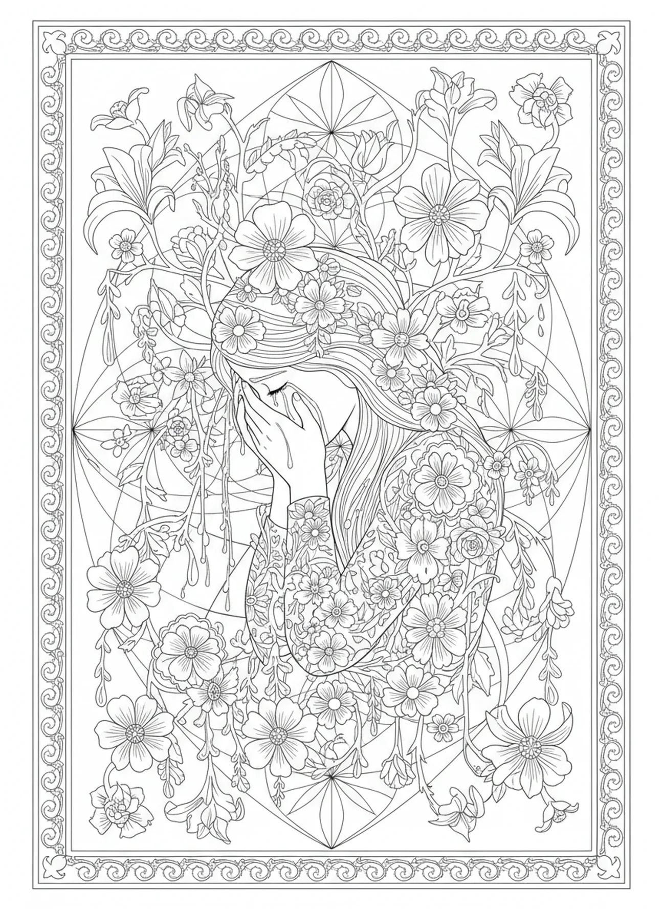 Rachel pleurant pour ses enfants, page à colorier biblique pour adultes dans un style de journal biblique.