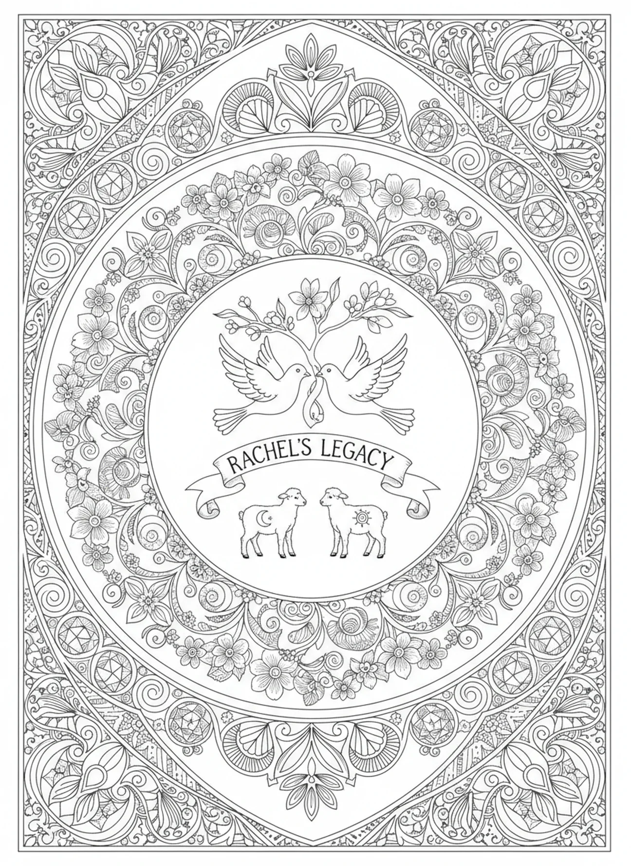 Symboles de l'héritage de Rachel, page à colorier de la Bible pour adultes dans un style de journal biblique.