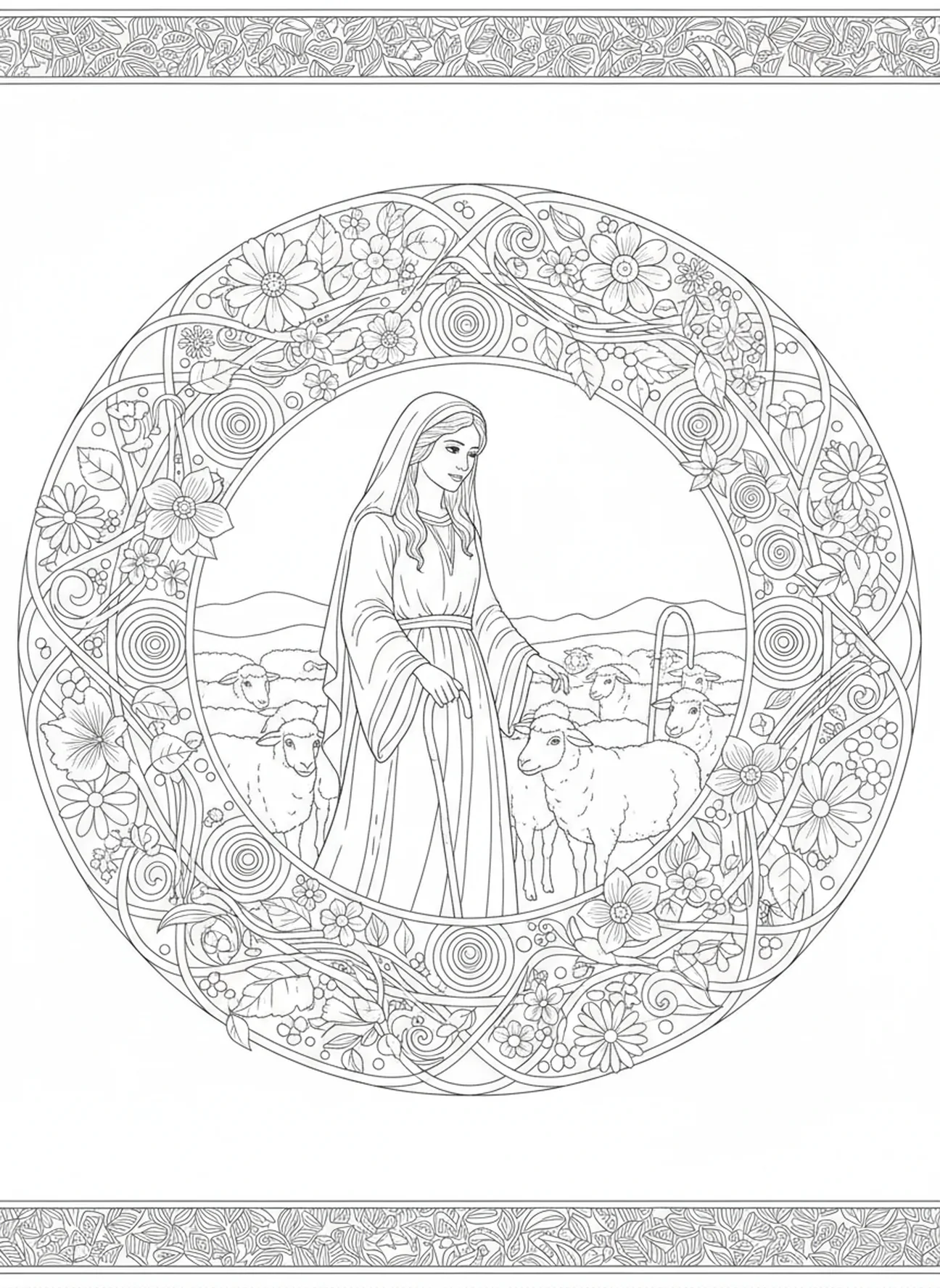 Rachel gardant des moutons, page à colorier biblique de Rachel dans un style de journal biblique pour adultes.
