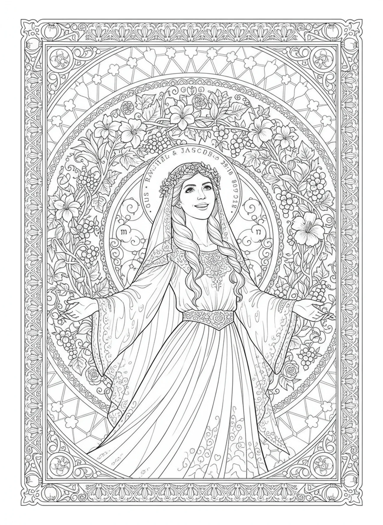 Scène de mariage de Rachel, page à colorier de Rachel pour adultes dans un style de journal biblique.
