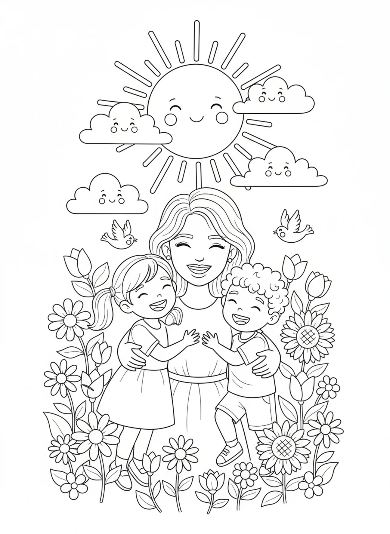 Raquel con sus hijos, página para colorear de Raquel para niños de 5 a 10 años