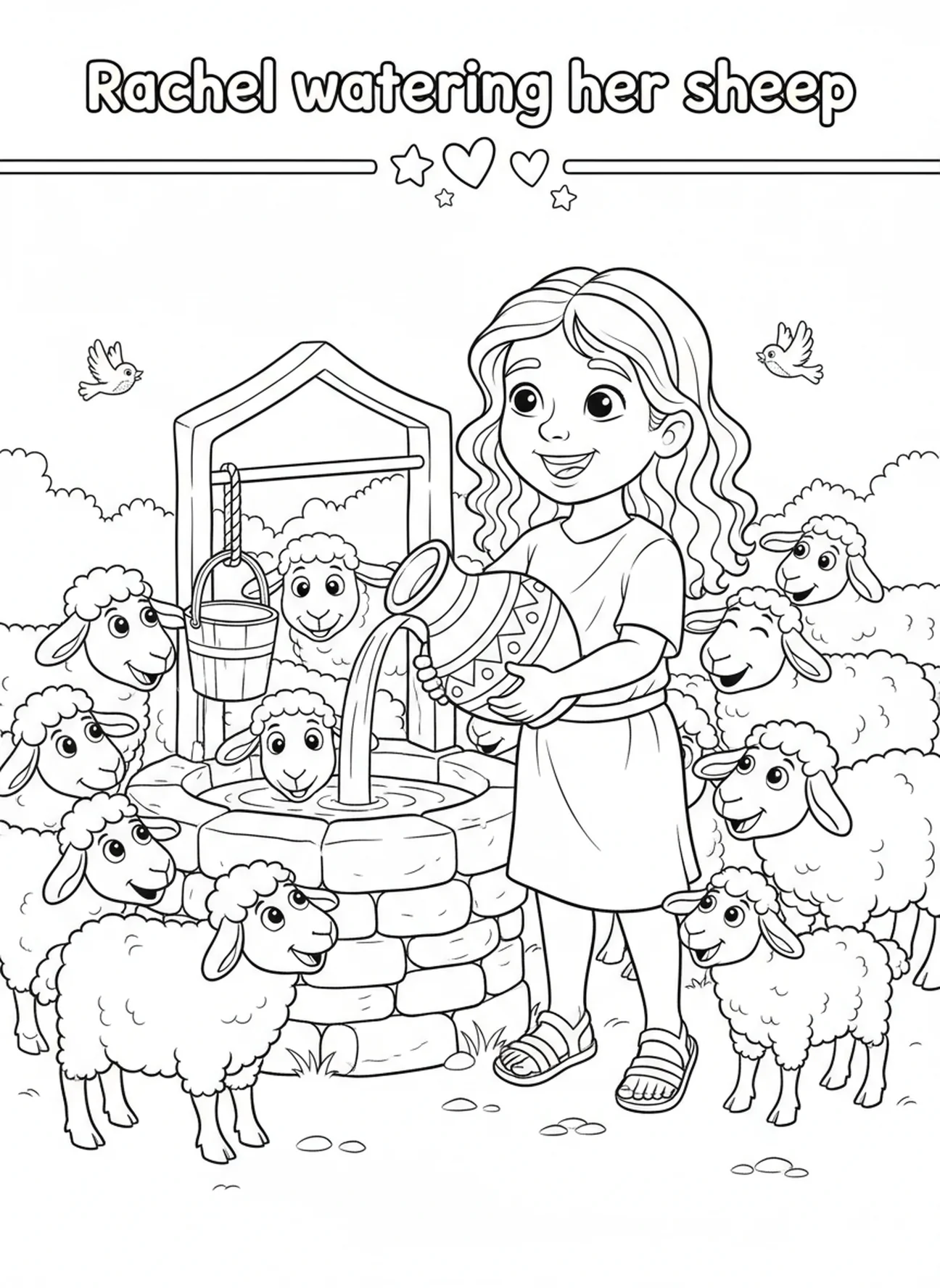 Raquel regando ovejas, página para colorear de Raquel para niños de 5 a 10 años