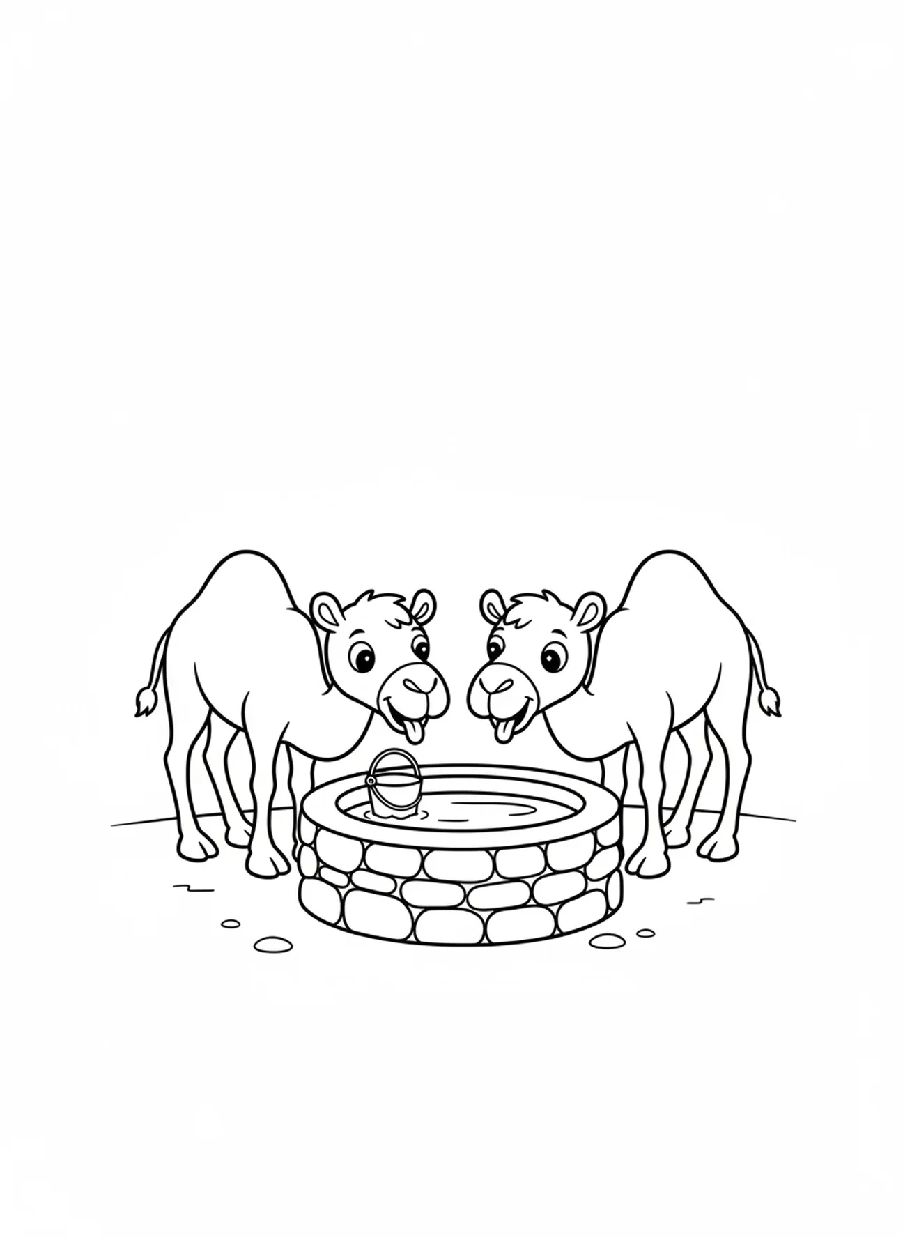 Dois camelos sorridentes, página para colorir Rebeca no Poço para crianças de 3 a 5 anos.
