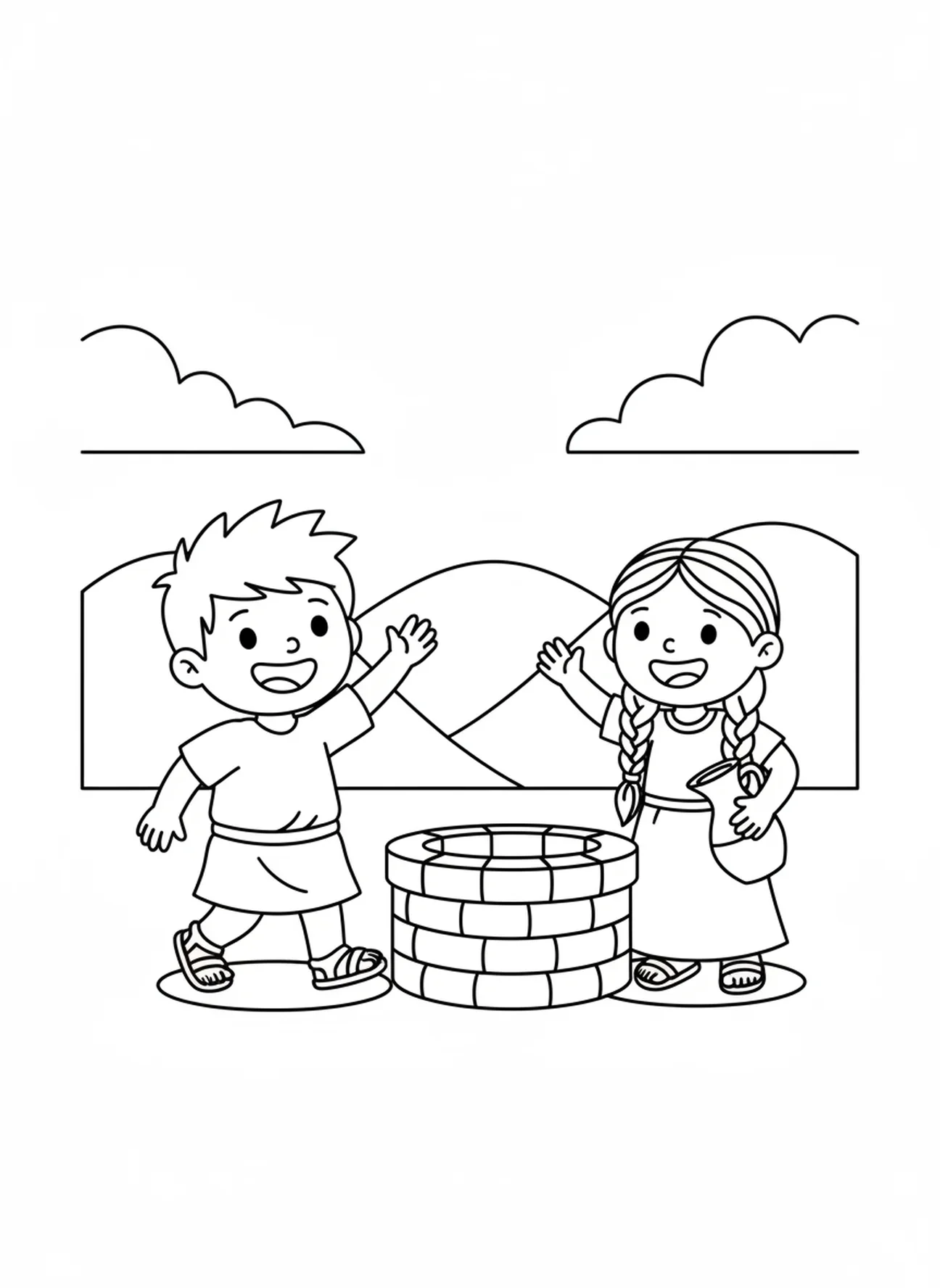 Isaac sorridente acenando, página para colorir de Rebeca no Poço para crianças de 3 a 5 anos.