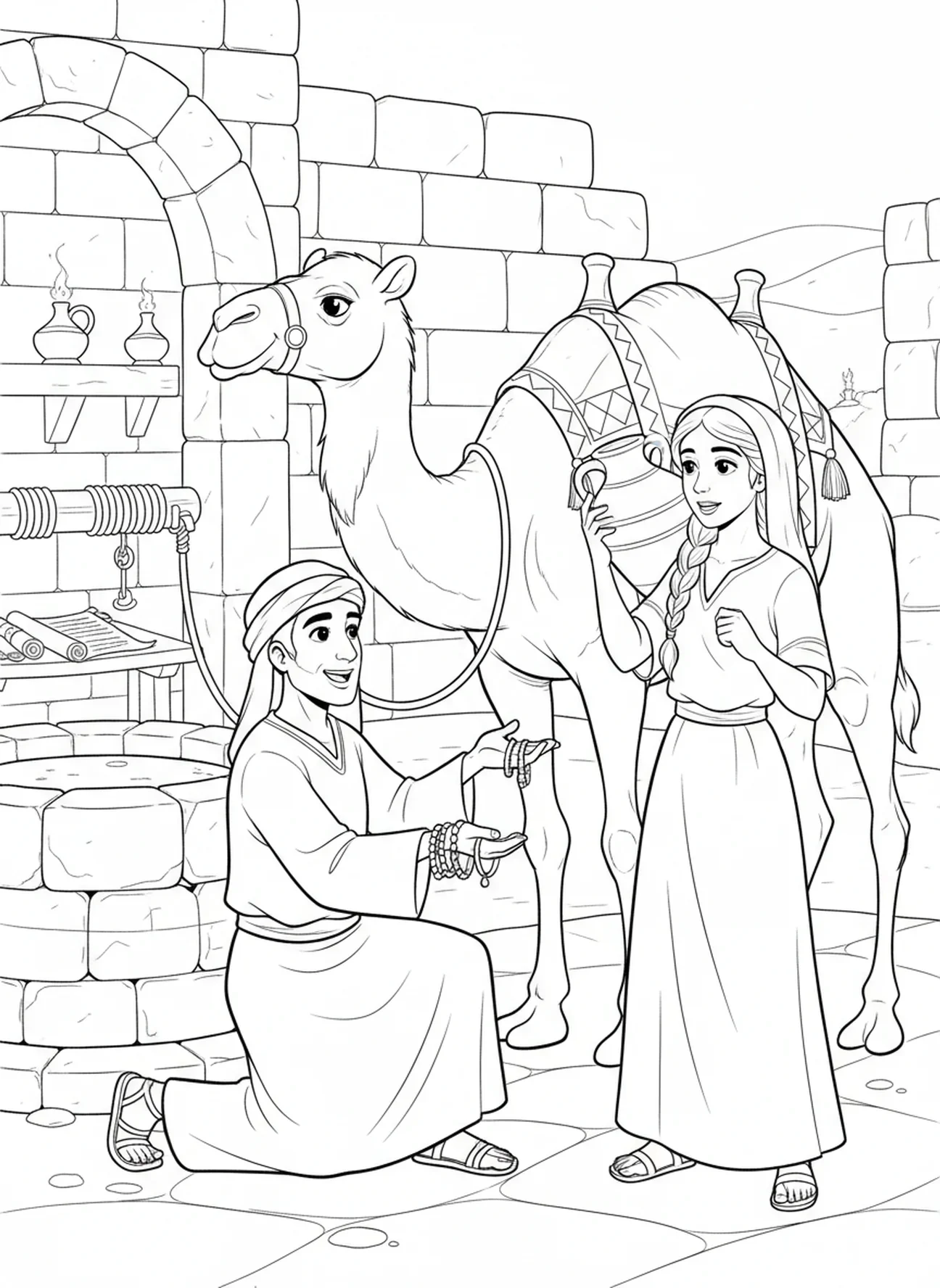 Éliezer s'approchant de Rébecca, page à colorier de Rébecca au puits pour les enfants de l'École du dimanche âgés de 5 à 12 ans.