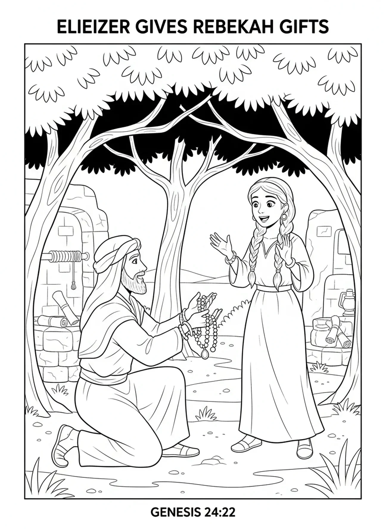 Éliezer offrant des cadeaux à Rébecca, page à colorier Rébecca au puits pour les enfants de l'École du dimanche âgés de 5 à 12 ans.