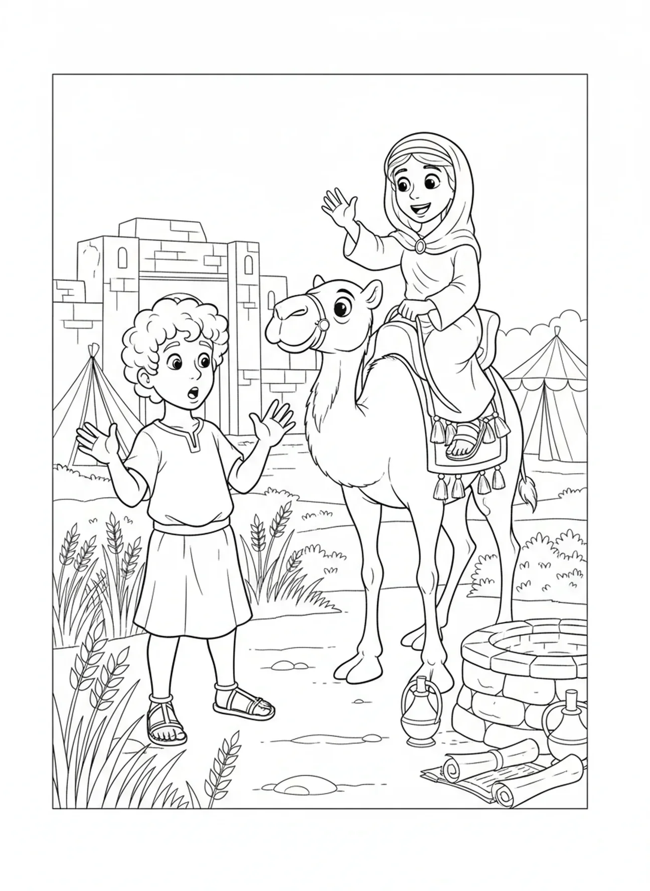Rencontre d'Isaac et de Rébecca, page à colorier de Rébecca au puits pour les enfants de l'École du dimanche âgés de 5 à 12 ans.