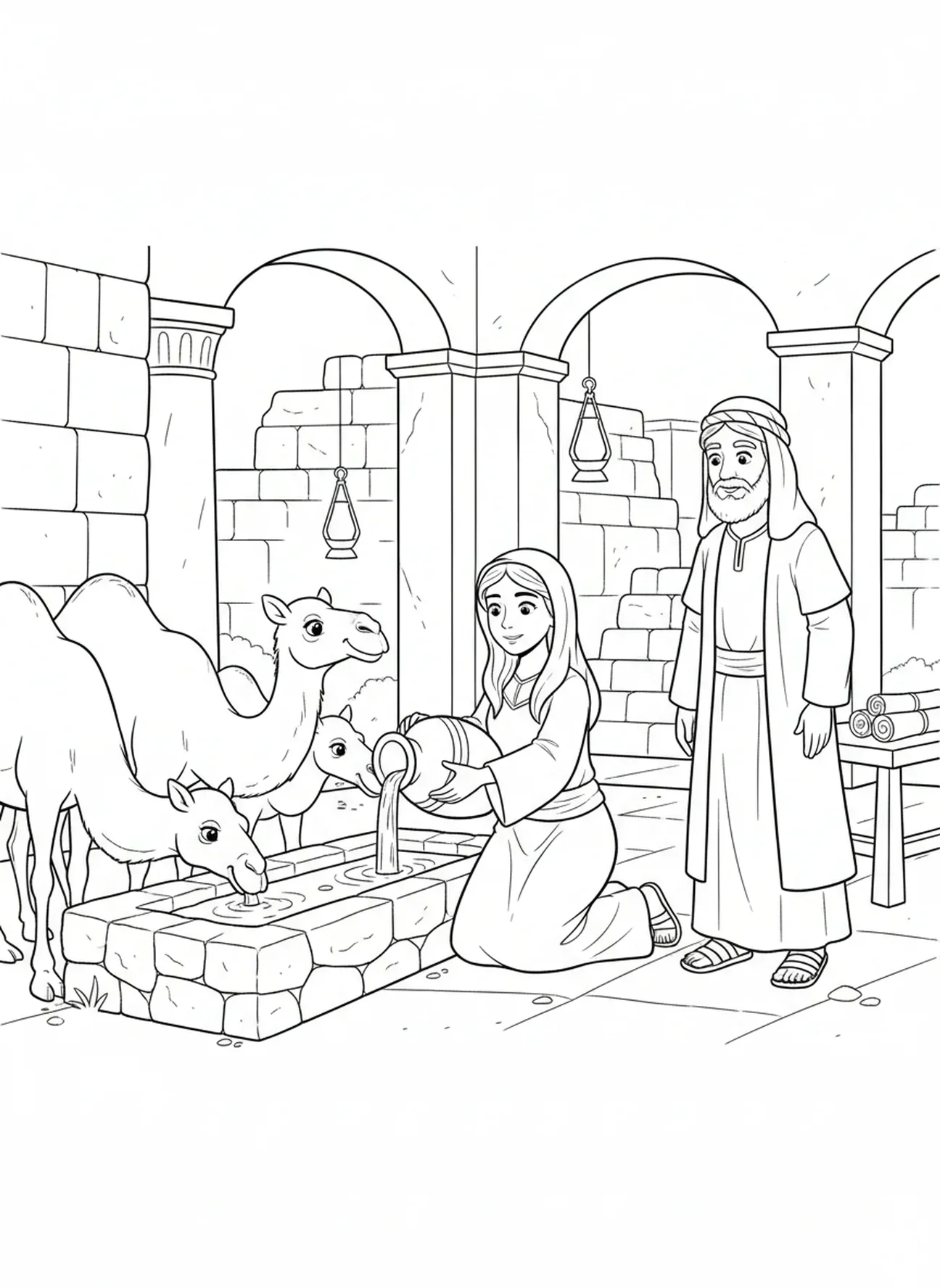 Rebecca donnant à boire aux chameaux, page à colorier Rebecca au puits pour les enfants de l'École du dimanche âgés de 5 à 12 ans.