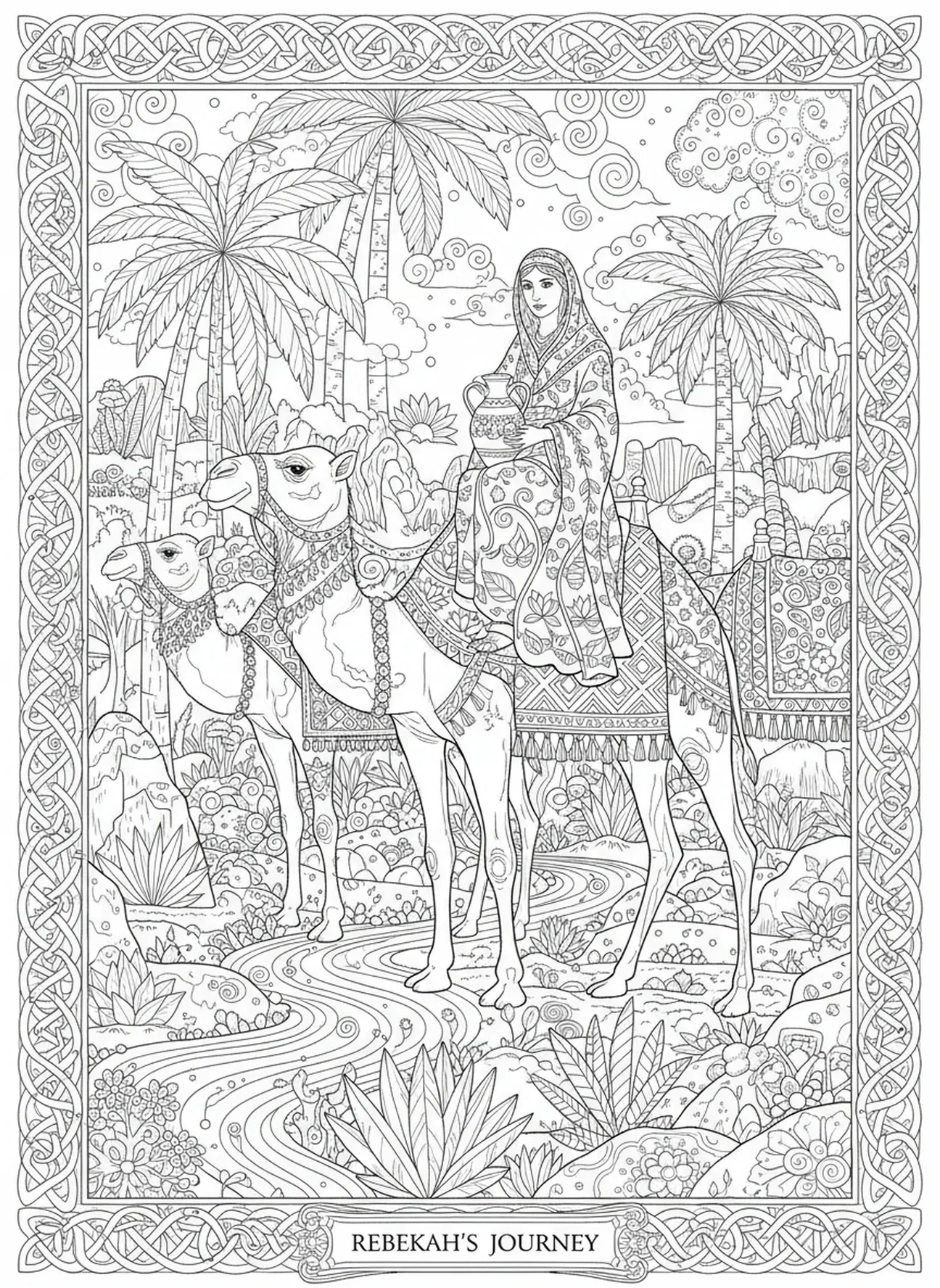 Rebeca viajando com camelos, página de colorir da Rebeca para estilo de journaling bíblico para adultos
