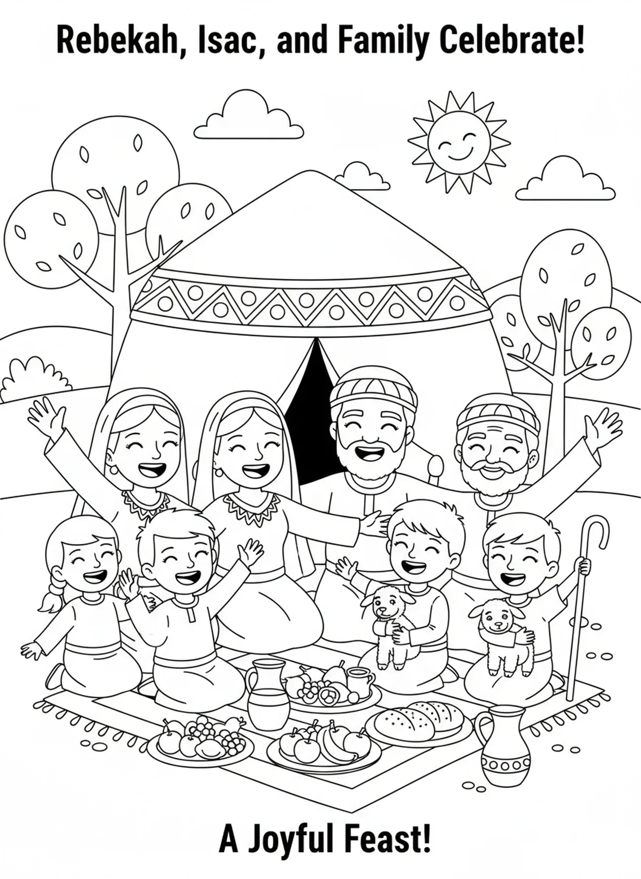 Rebekka mit Familie, Rebekka Ausmalbild für Kinder im Alter von 5-10 Jahren